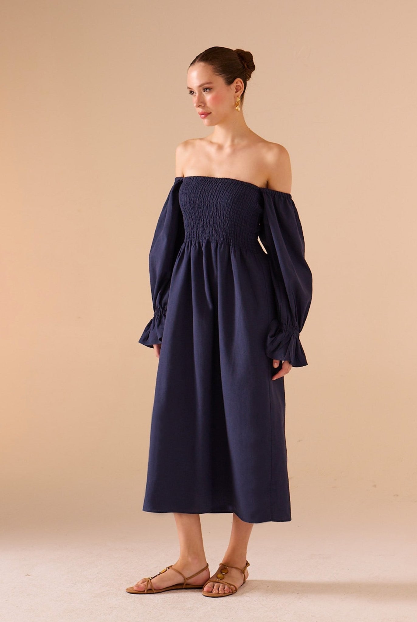 Smocked - Bodice Poet - Sleeve Midi Dress in Linen Cotton Blend - shopaleena