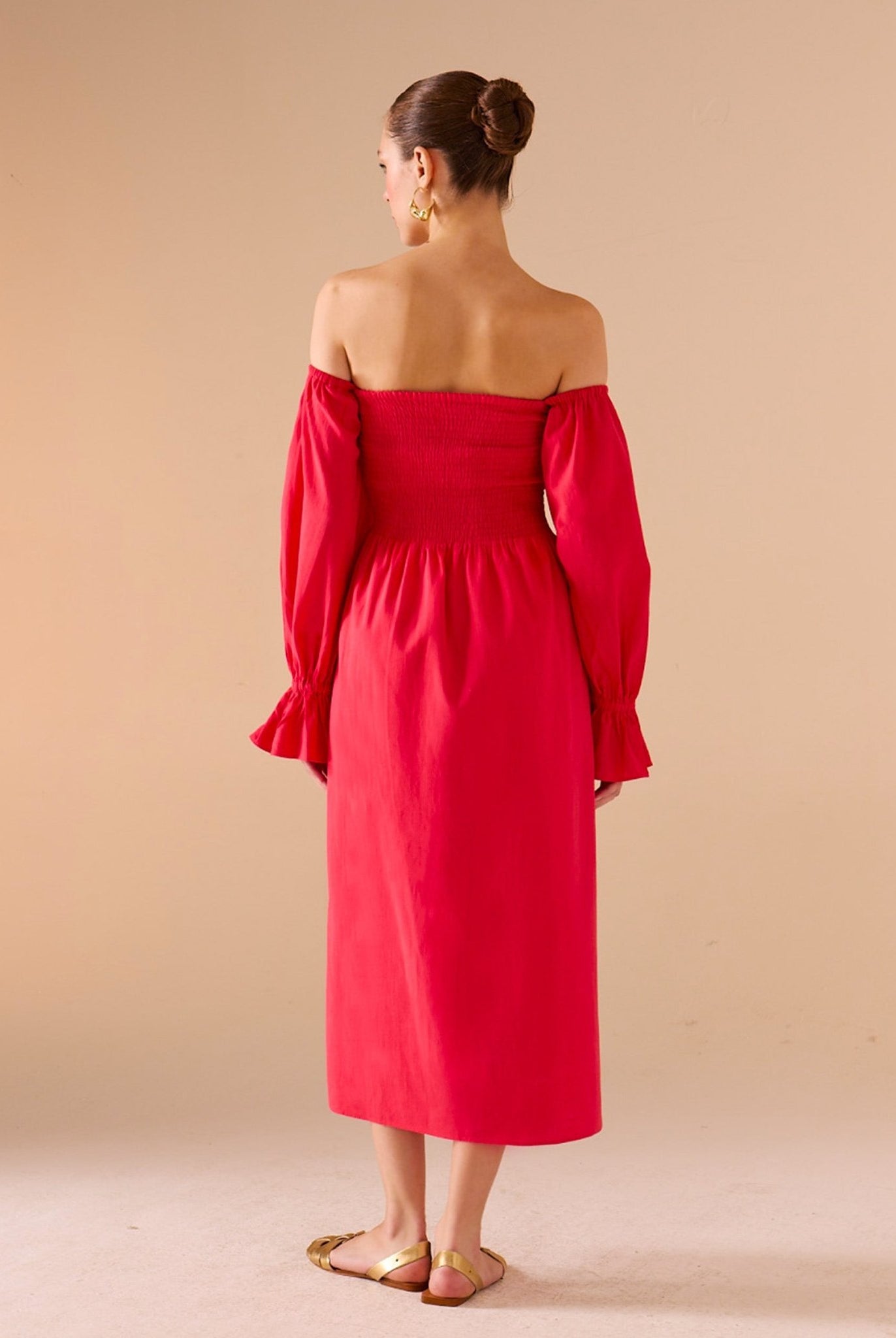 Smocked - Bodice Poet - Sleeve Midi Dress in Linen Cotton Blend - shopaleena