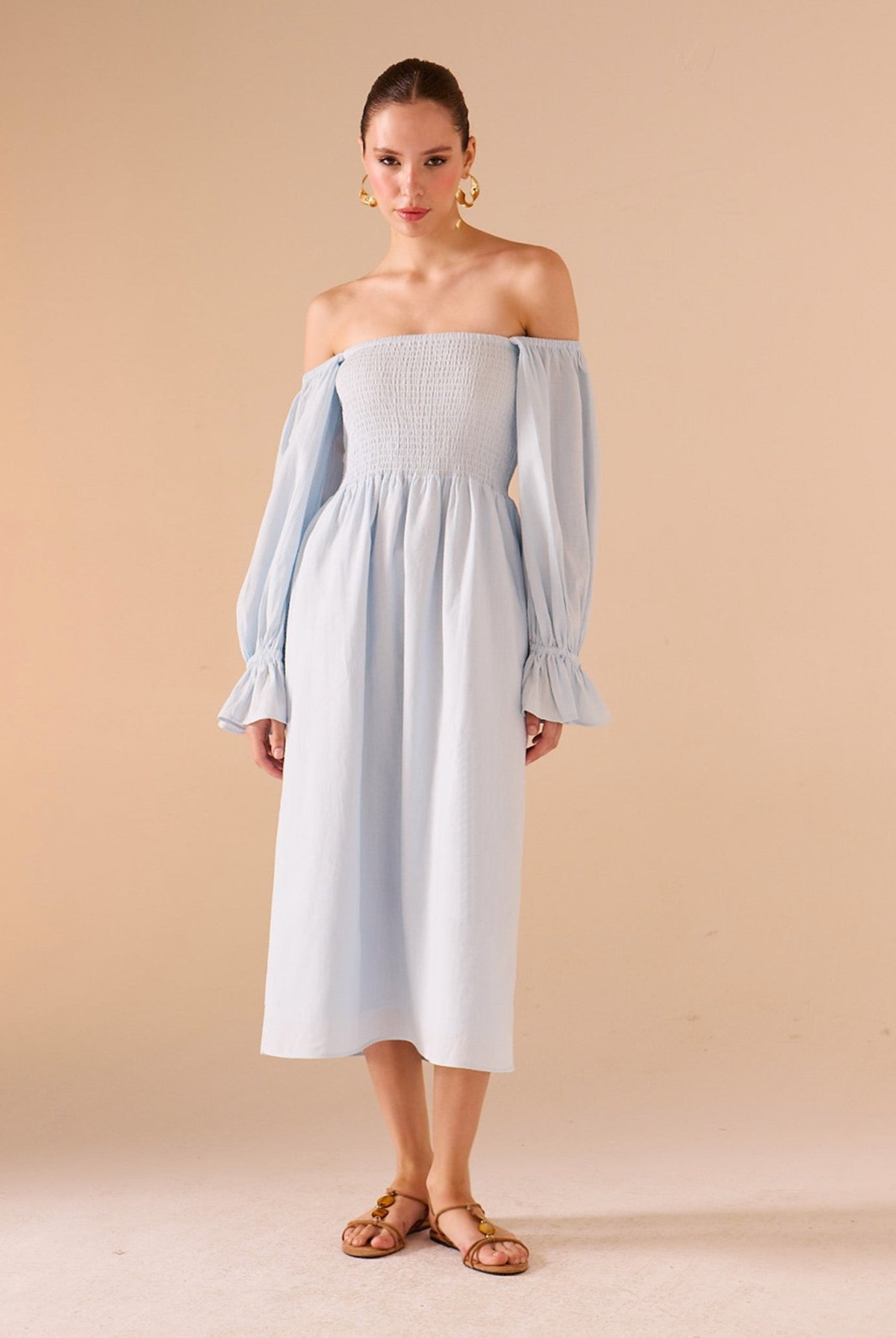 Smocked - Bodice Poet - Sleeve Midi Dress in Linen Cotton Blend - shopaleena