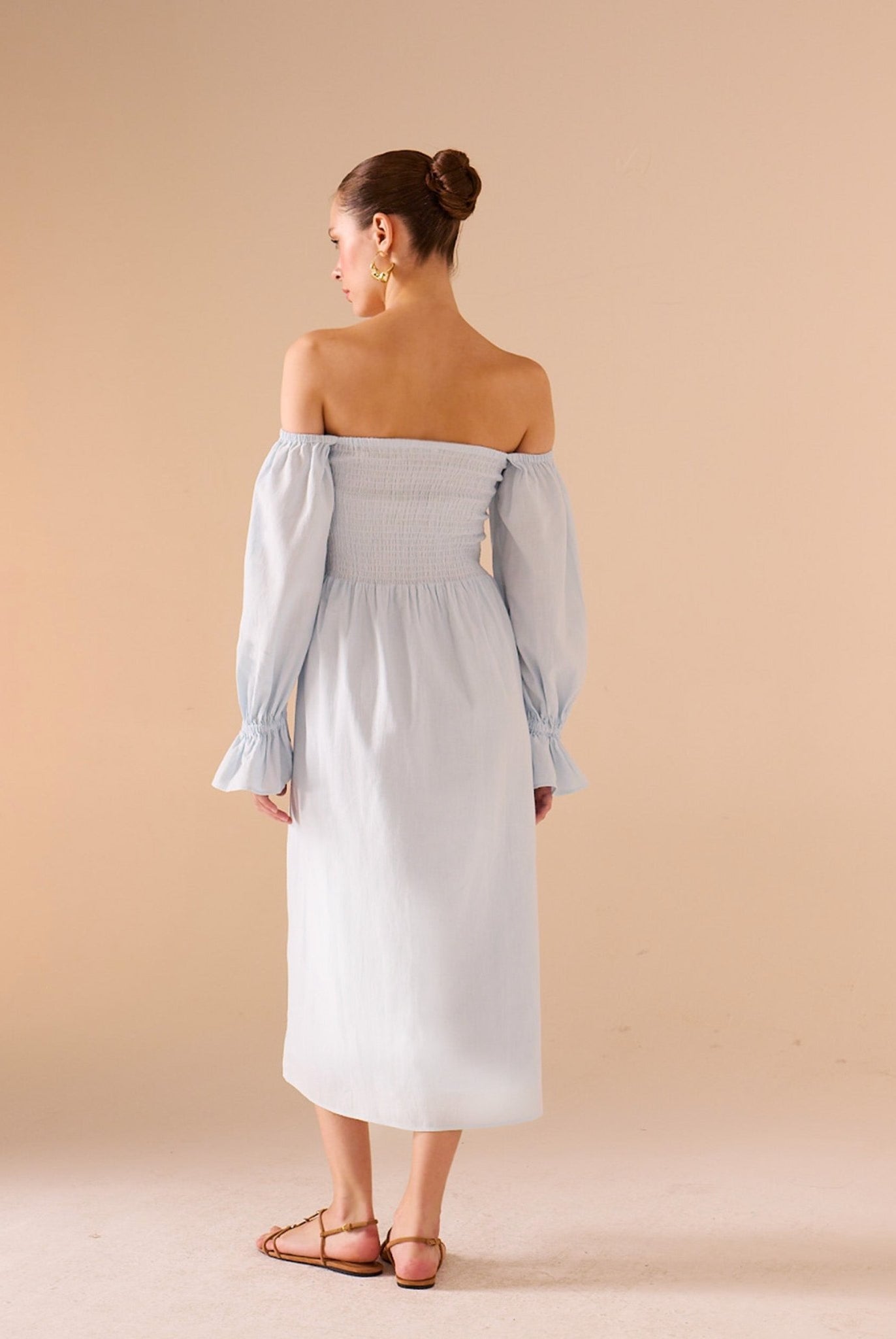 Smocked - Bodice Poet - Sleeve Midi Dress in Linen Cotton Blend - shopaleena