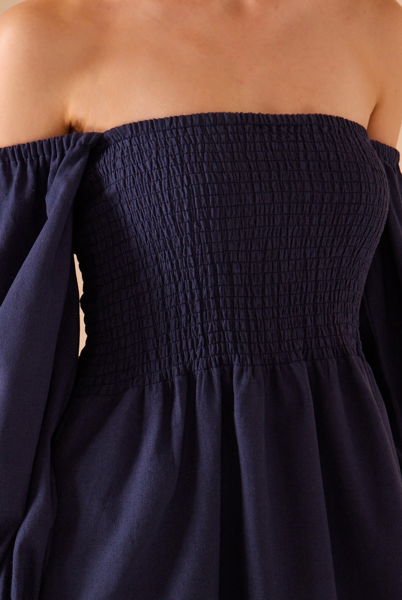 Smocked - Bodice Poet - Sleeve Midi Dress in Linen Cotton Blend - shopaleena