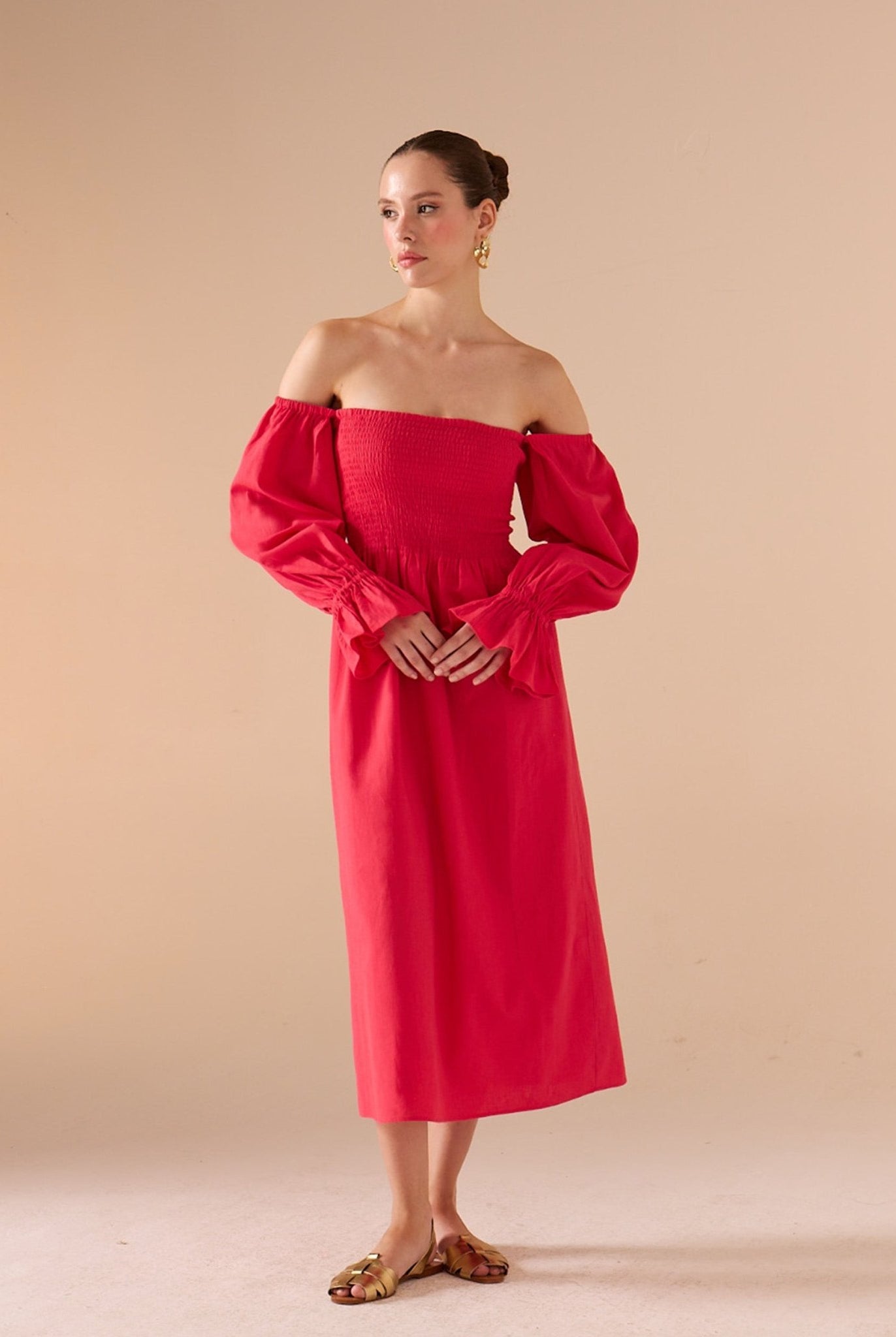 Smocked - Bodice Poet - Sleeve Midi Dress in Linen Cotton Blend - shopaleena