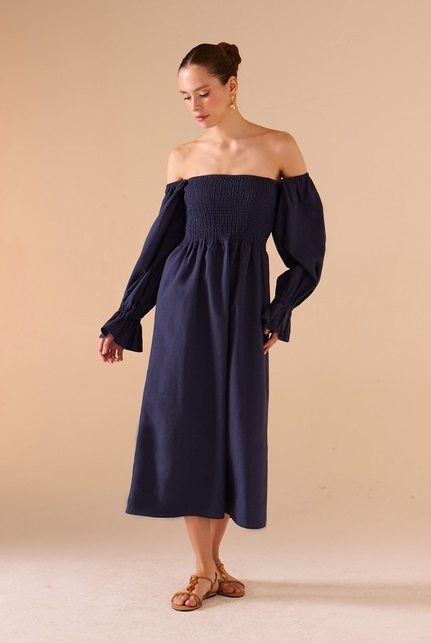 Smocked - Bodice Poet - Sleeve Midi Dress in Linen Cotton Blend - shopaleena