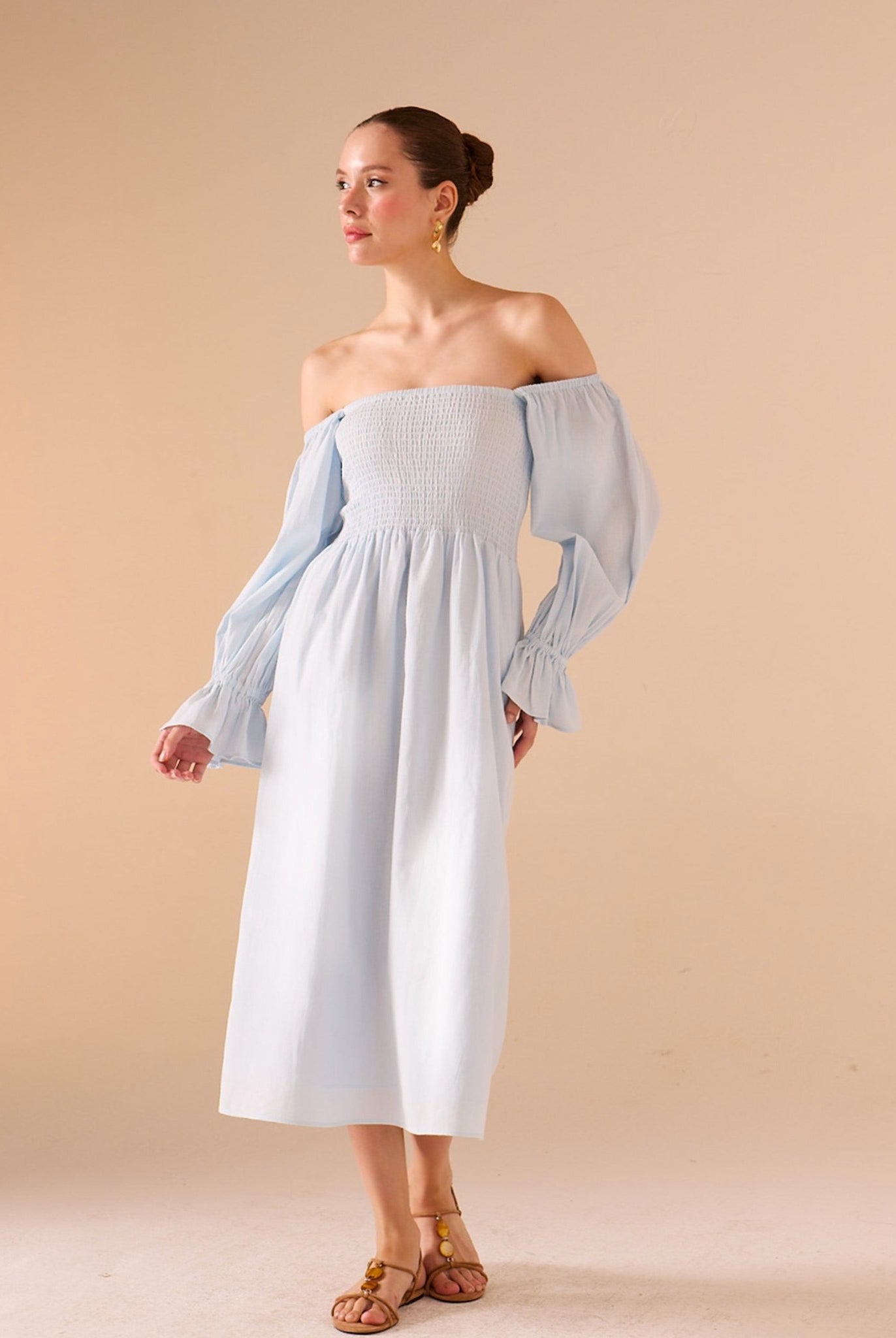 Smocked - Bodice Poet - Sleeve Midi Dress in Linen Cotton Blend - shopaleena