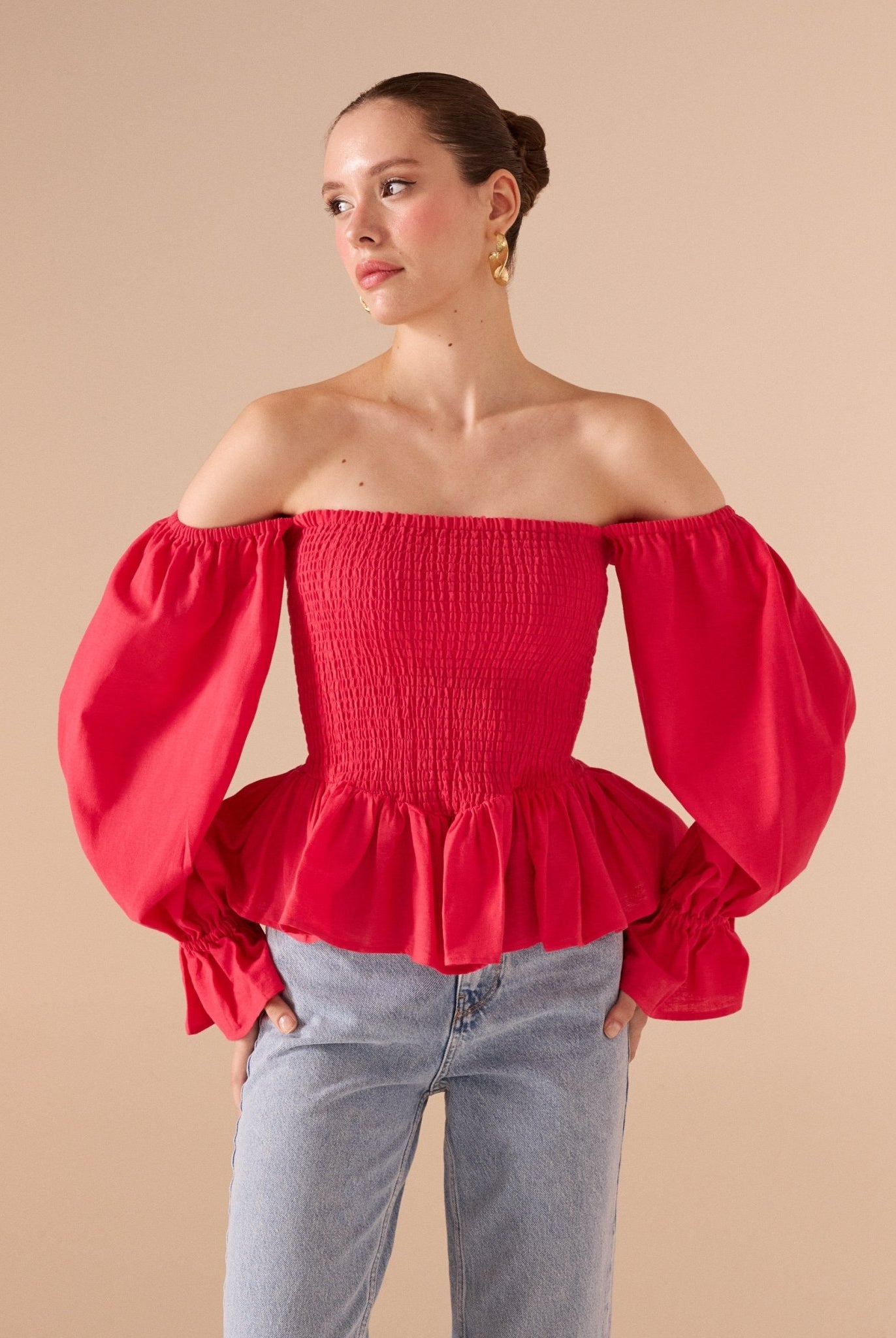 Smocked Bodice Poet Sleeve Top in Linen Cotton Blend - shopaleena