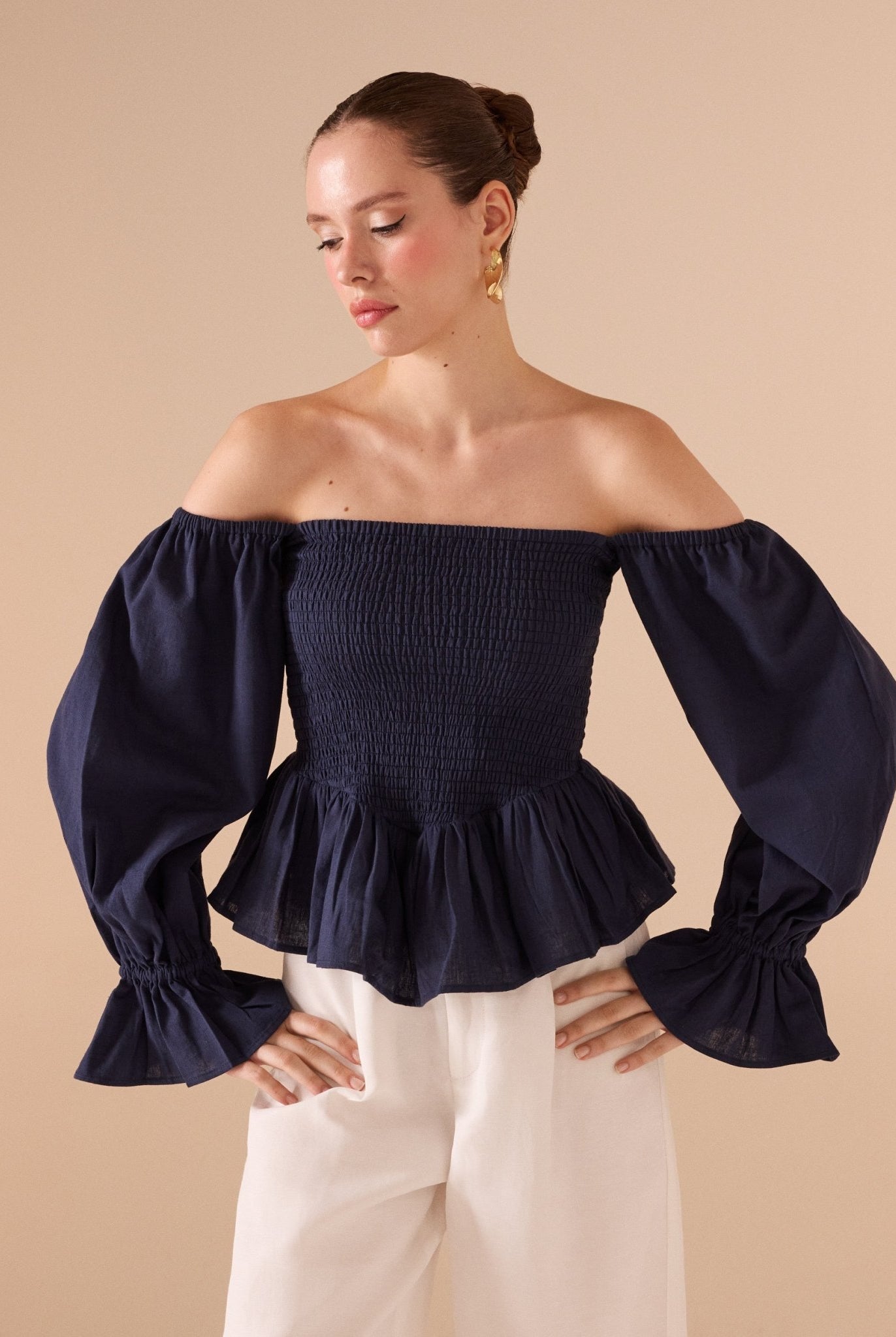 Smocked Bodice Poet Sleeve Top in Linen Cotton Blend - shopaleena