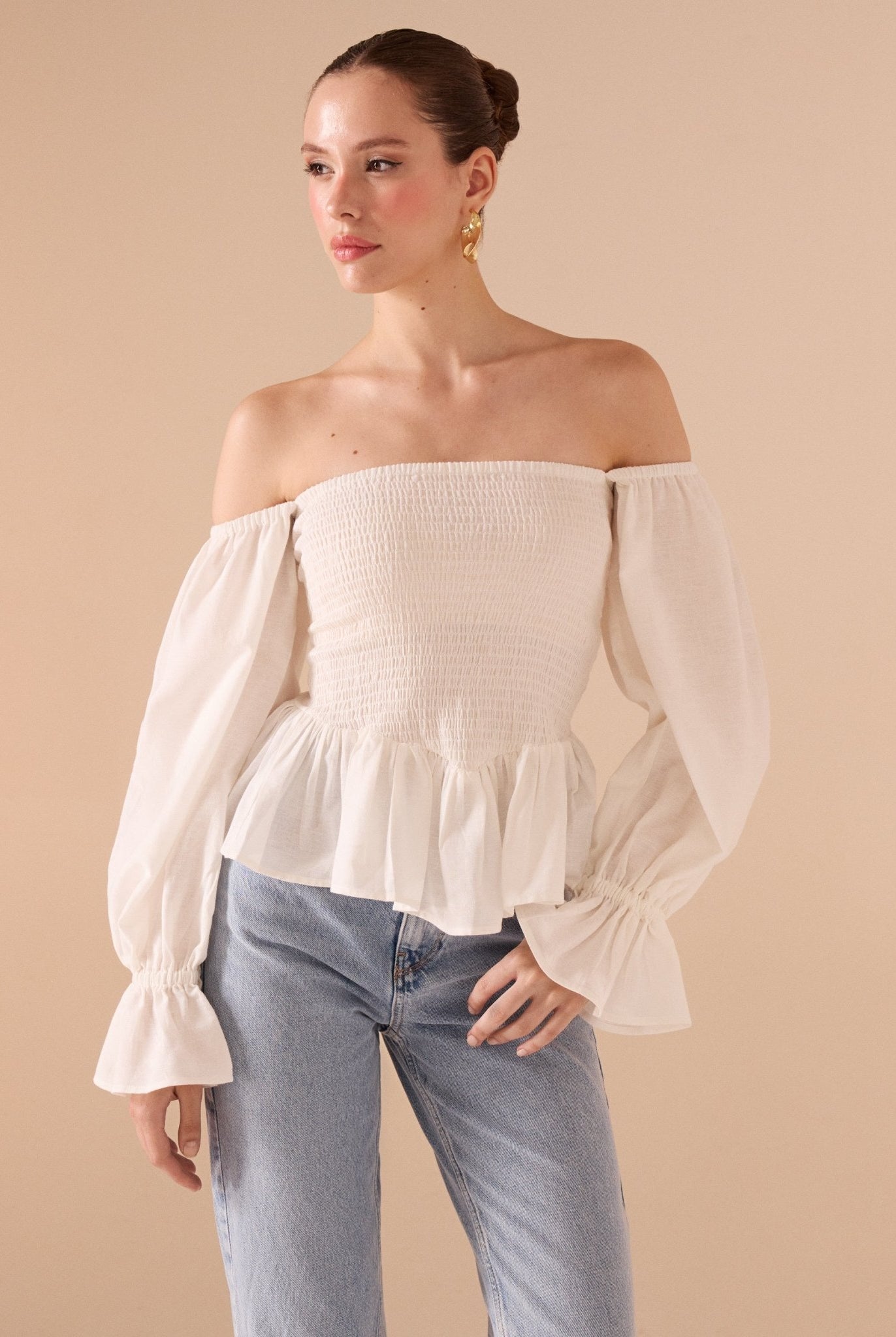 Smocked Bodice Poet Sleeve Top in Linen Cotton Blend - shopaleena