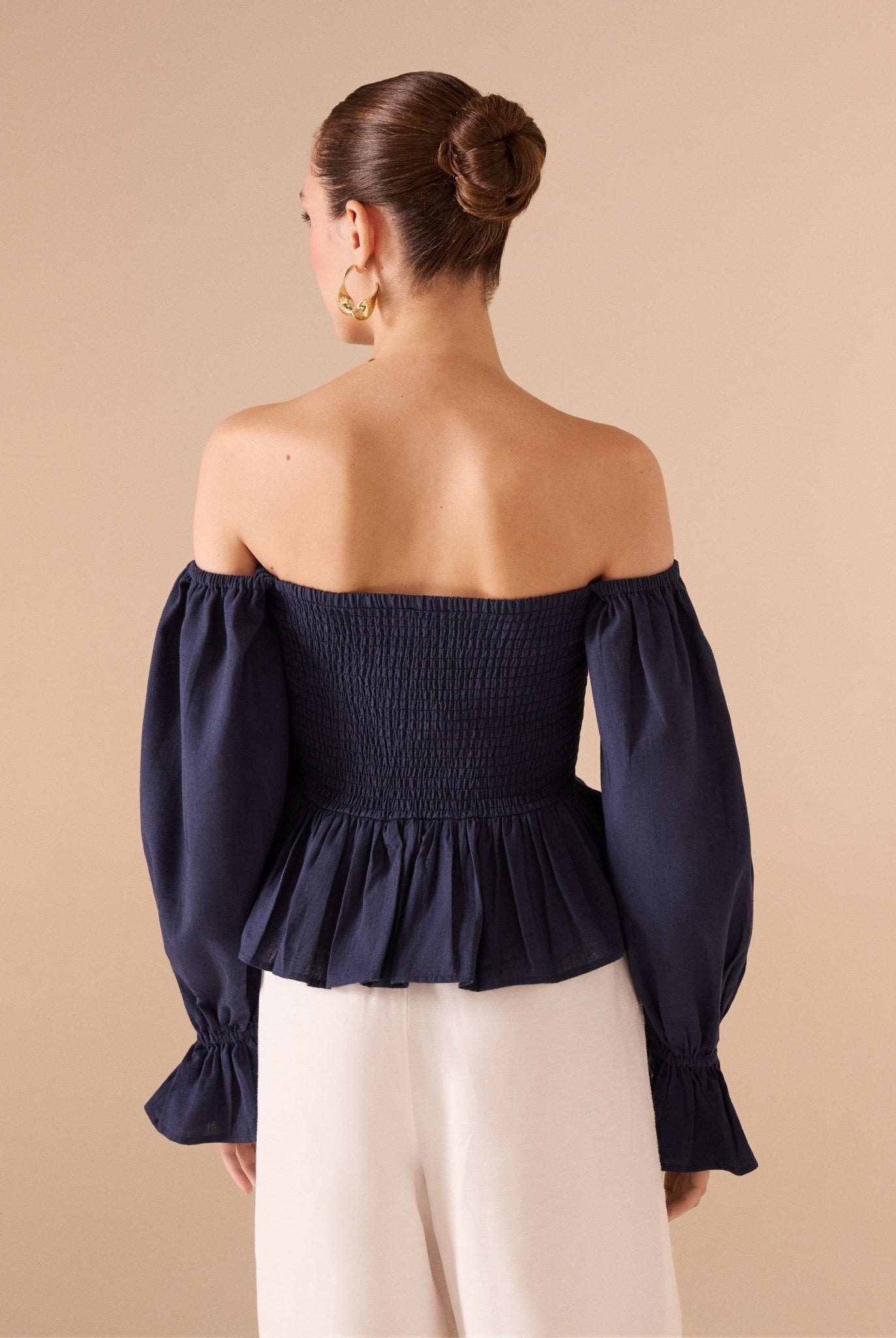 Smocked Bodice Poet Sleeve Top in Linen Cotton Blend - shopaleena