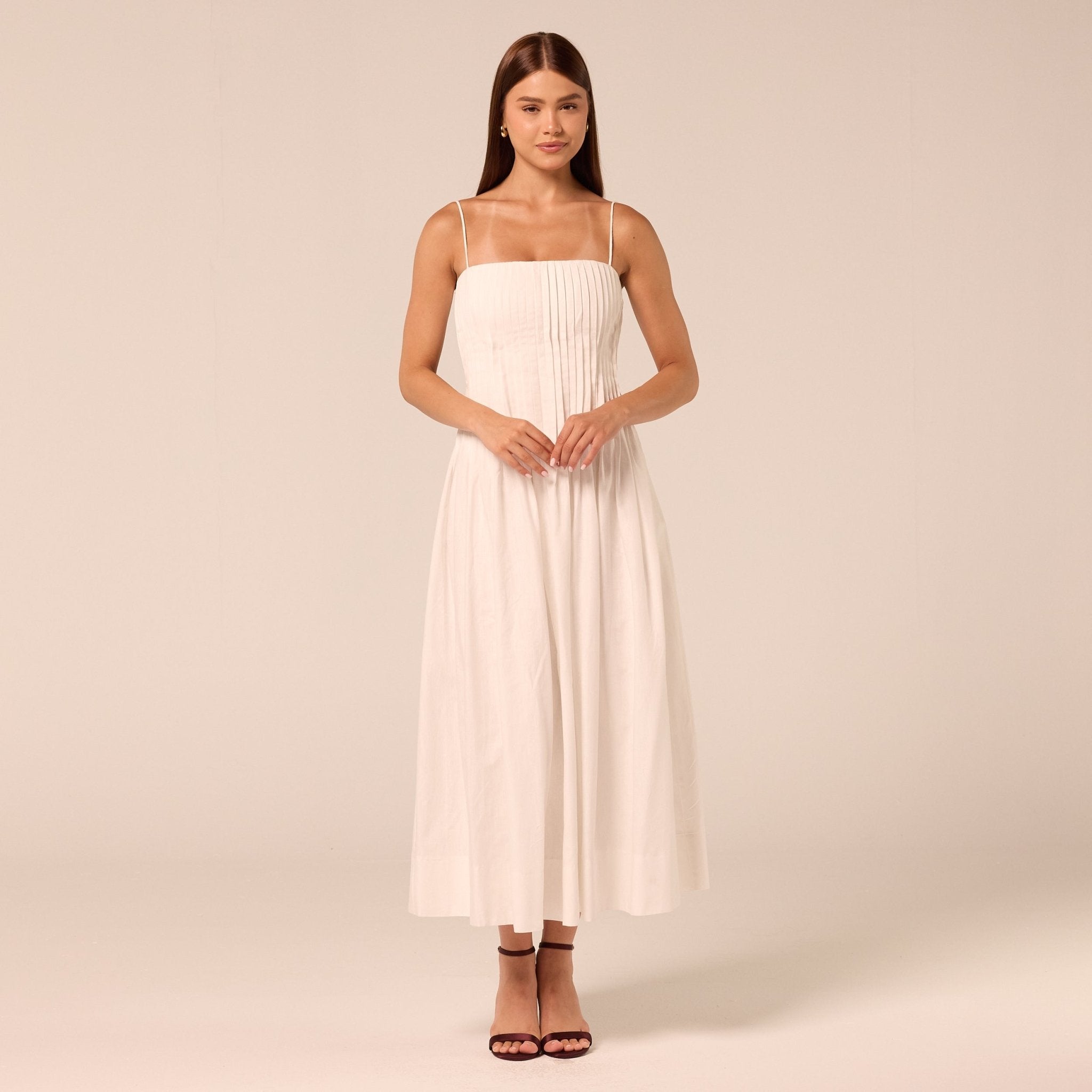 Spaghetti Strap Pleated Midi Dress - shopaleena