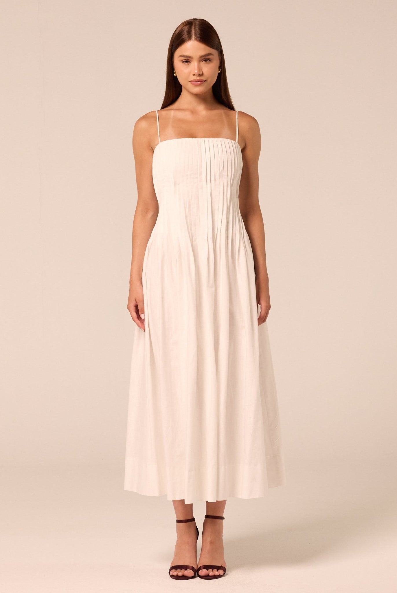 Spaghetti Strap Pleated Midi Dress - shopaleena