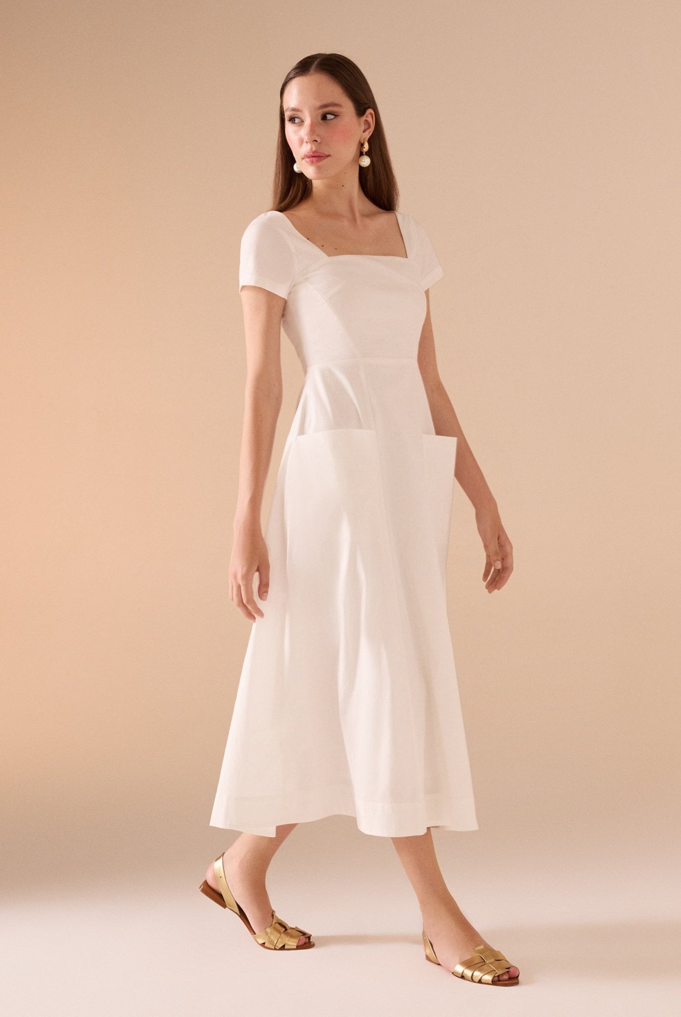 Square Neck Poplin Midi Dress - shopaleena