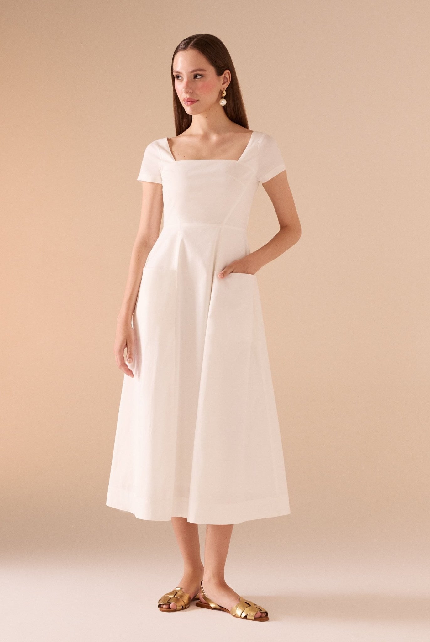 Square Neck Poplin Midi Dress - shopaleena