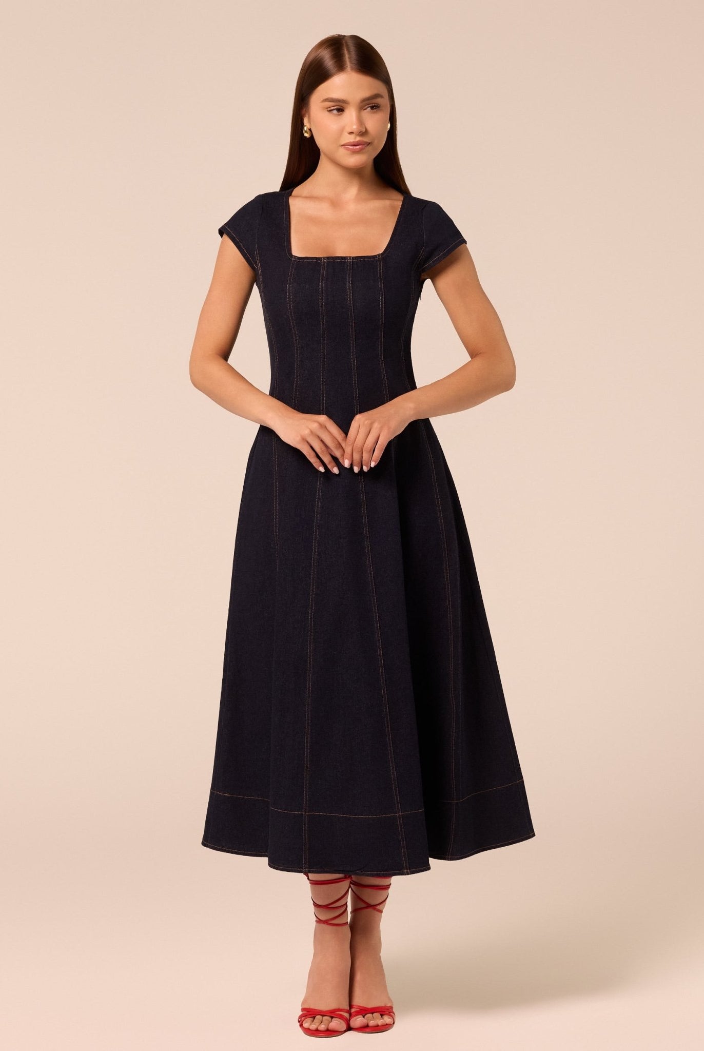 Square Neck Short Sleeve Denim Dress - shopaleena