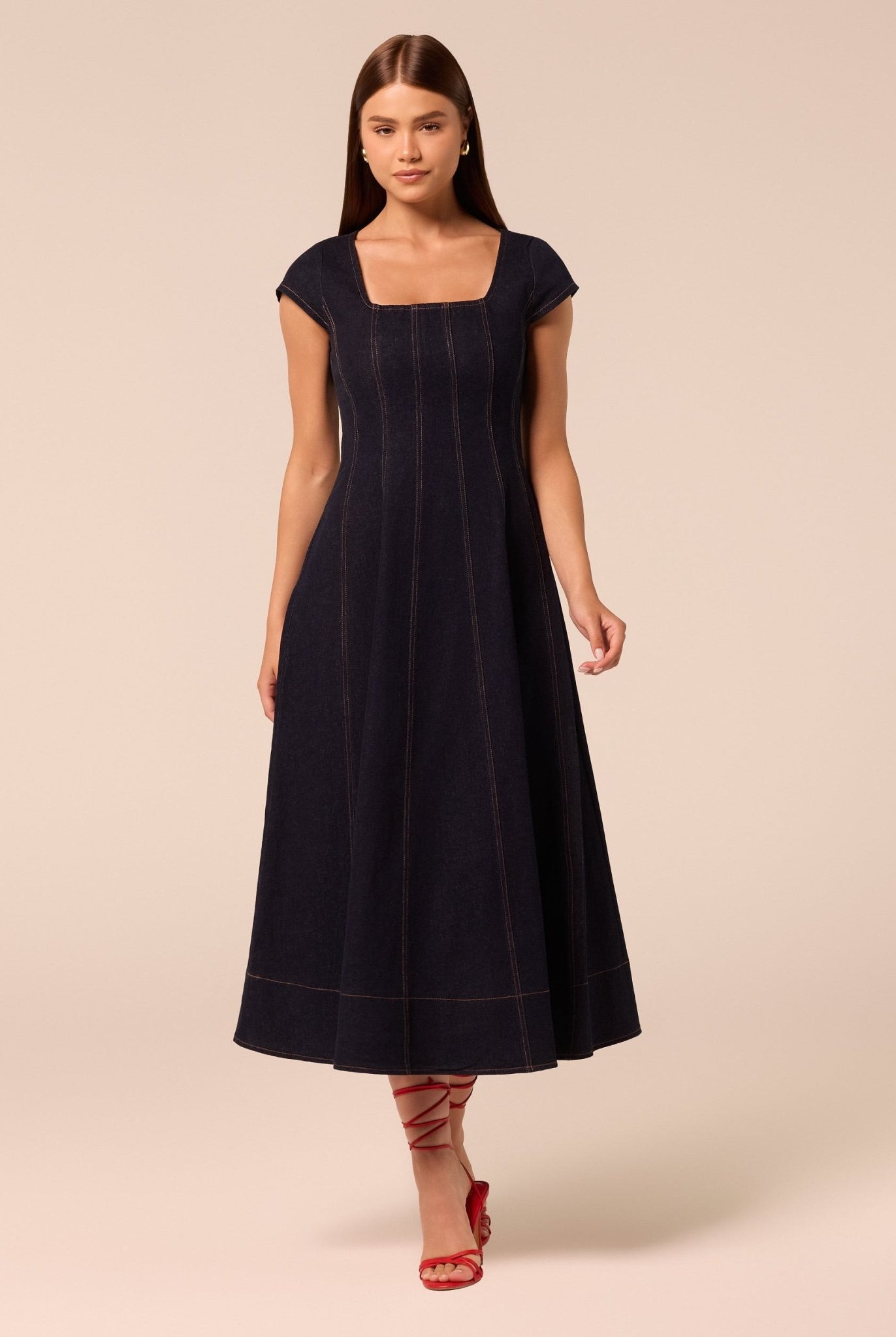 Square Neck Short Sleeve Denim Dress - shopaleena