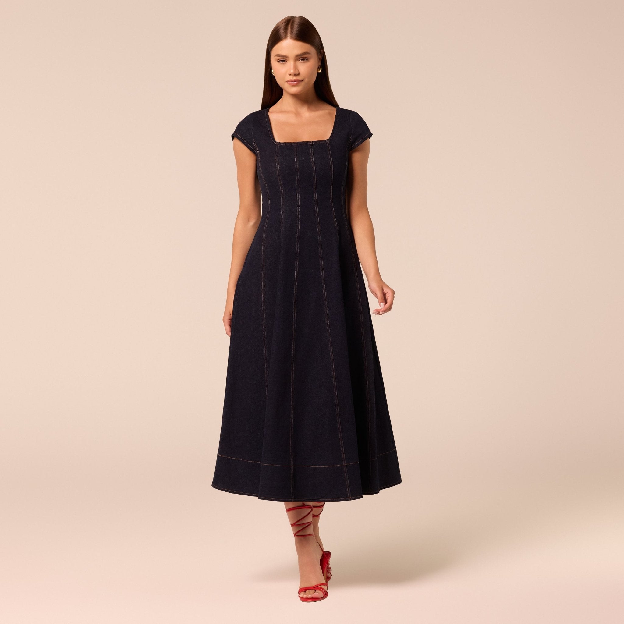 Square Neck Short Sleeve Denim Dress - shopaleena
