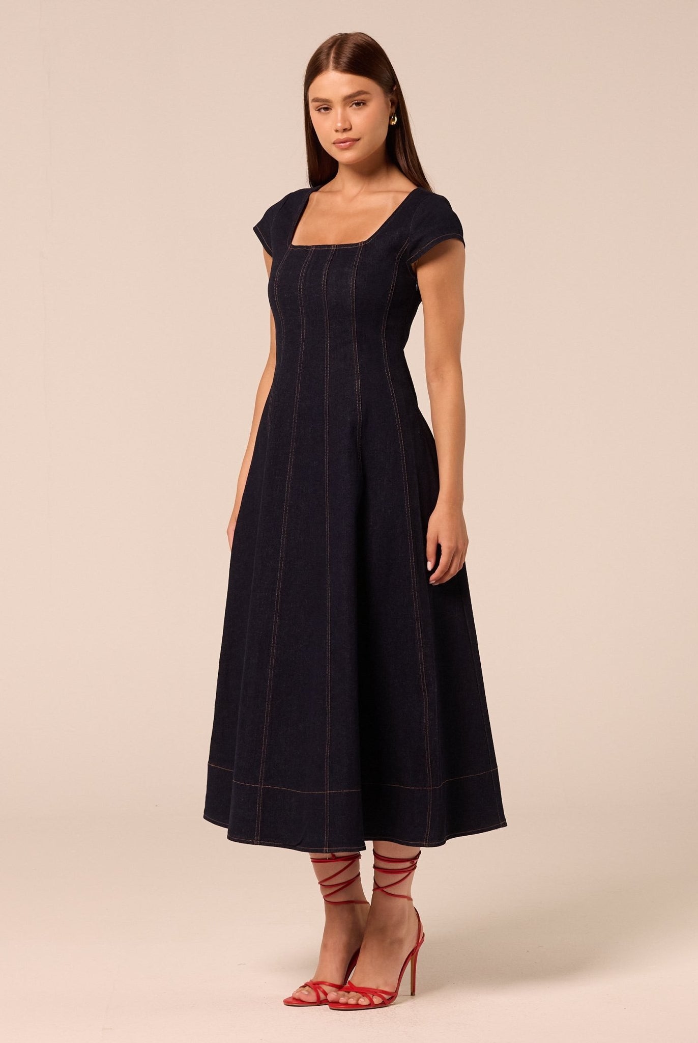 Square Neck Short Sleeve Denim Dress - shopaleena