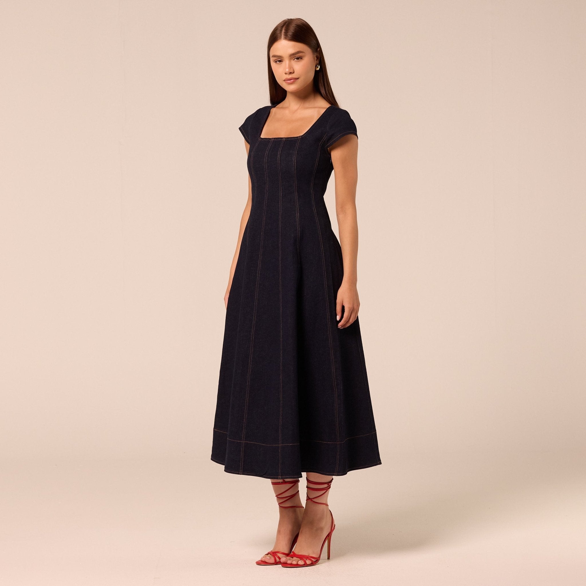 Square Neck Short Sleeve Denim Dress - shopaleena