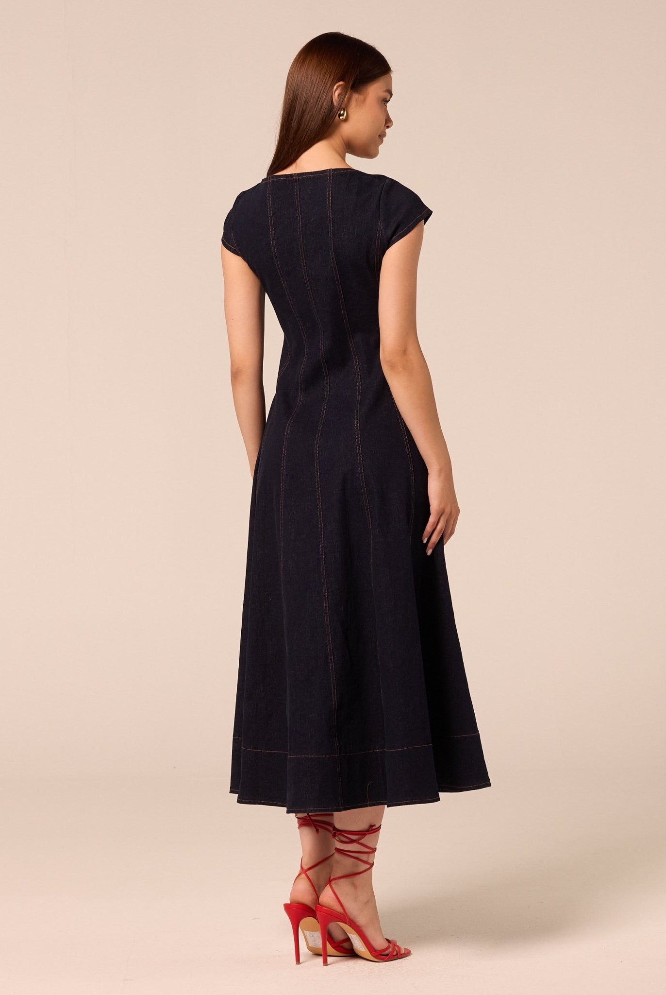 Square Neck Short Sleeve Denim Dress - shopaleena