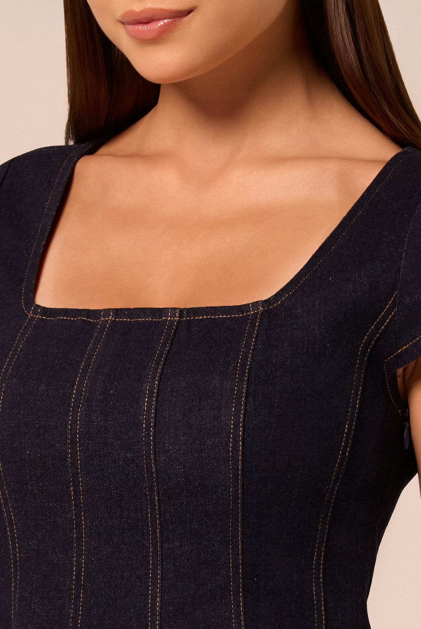 Square Neck Short Sleeve Denim Dress - shopaleena