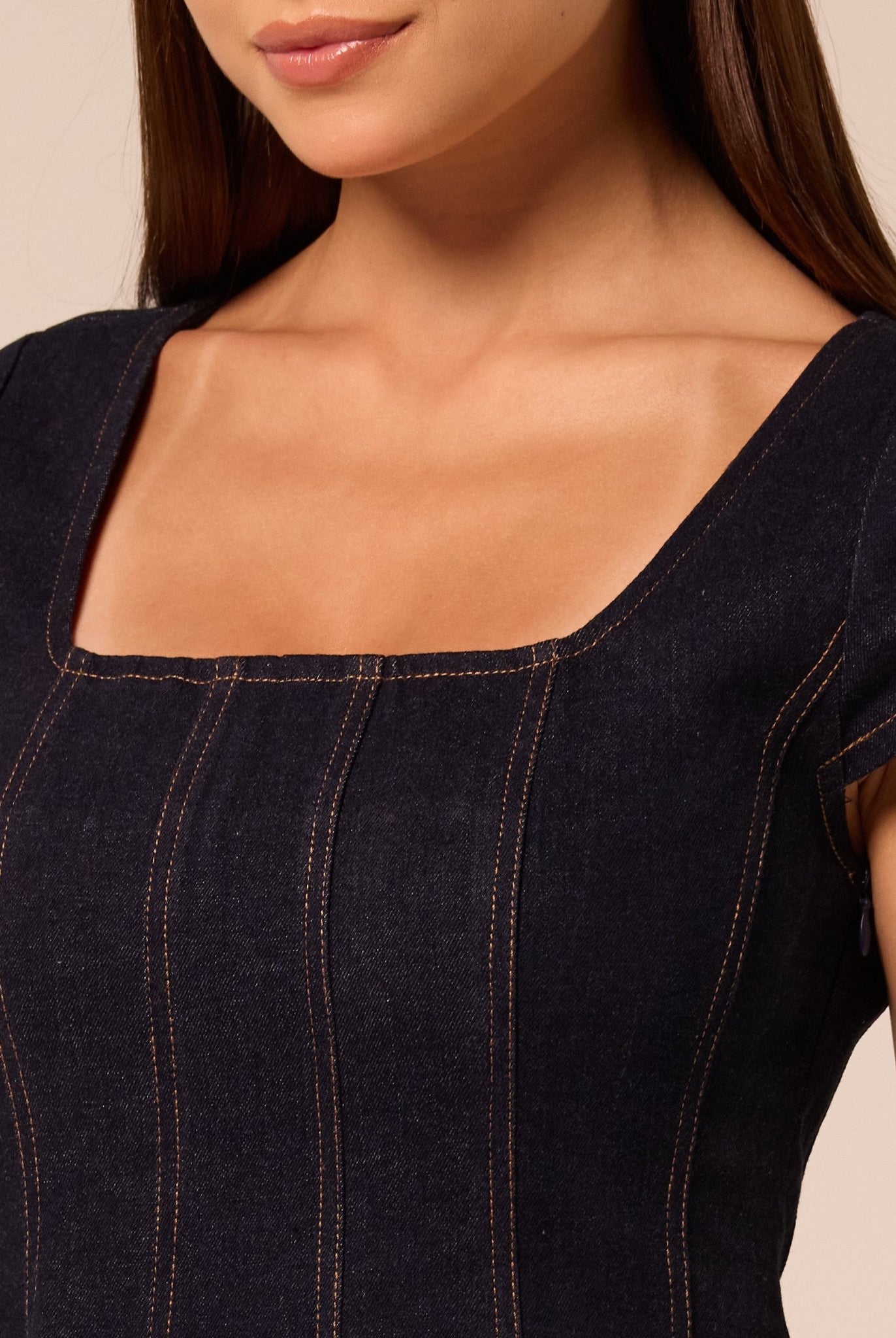 Square Neck Short Sleeve Denim Dress - shopaleena