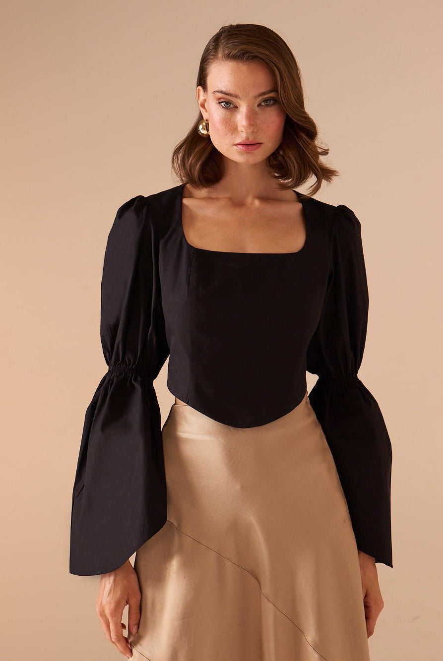 Square Neckline Gathered Ruffle Sleeve Top - shopaleena