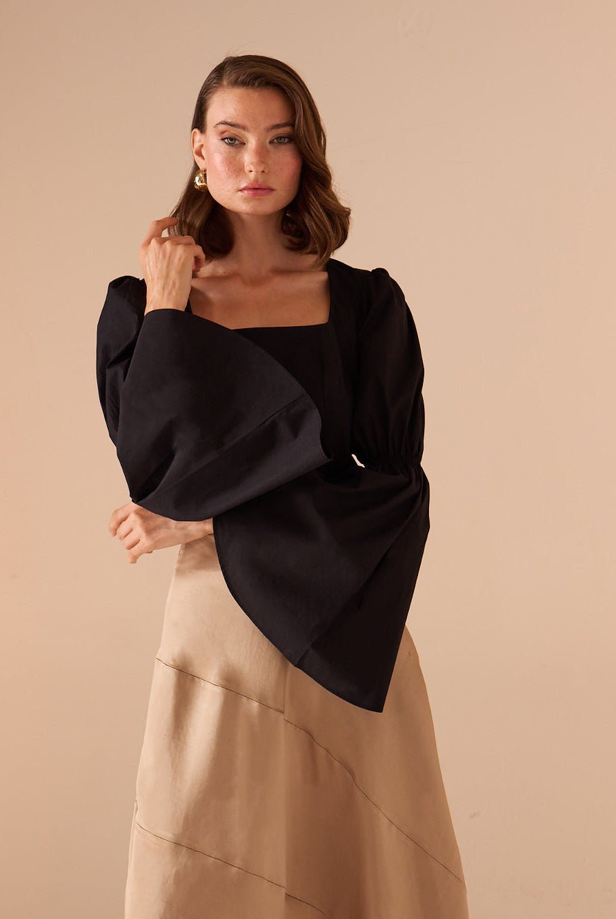 Square Neckline Gathered Ruffle Sleeve Top - shopaleena