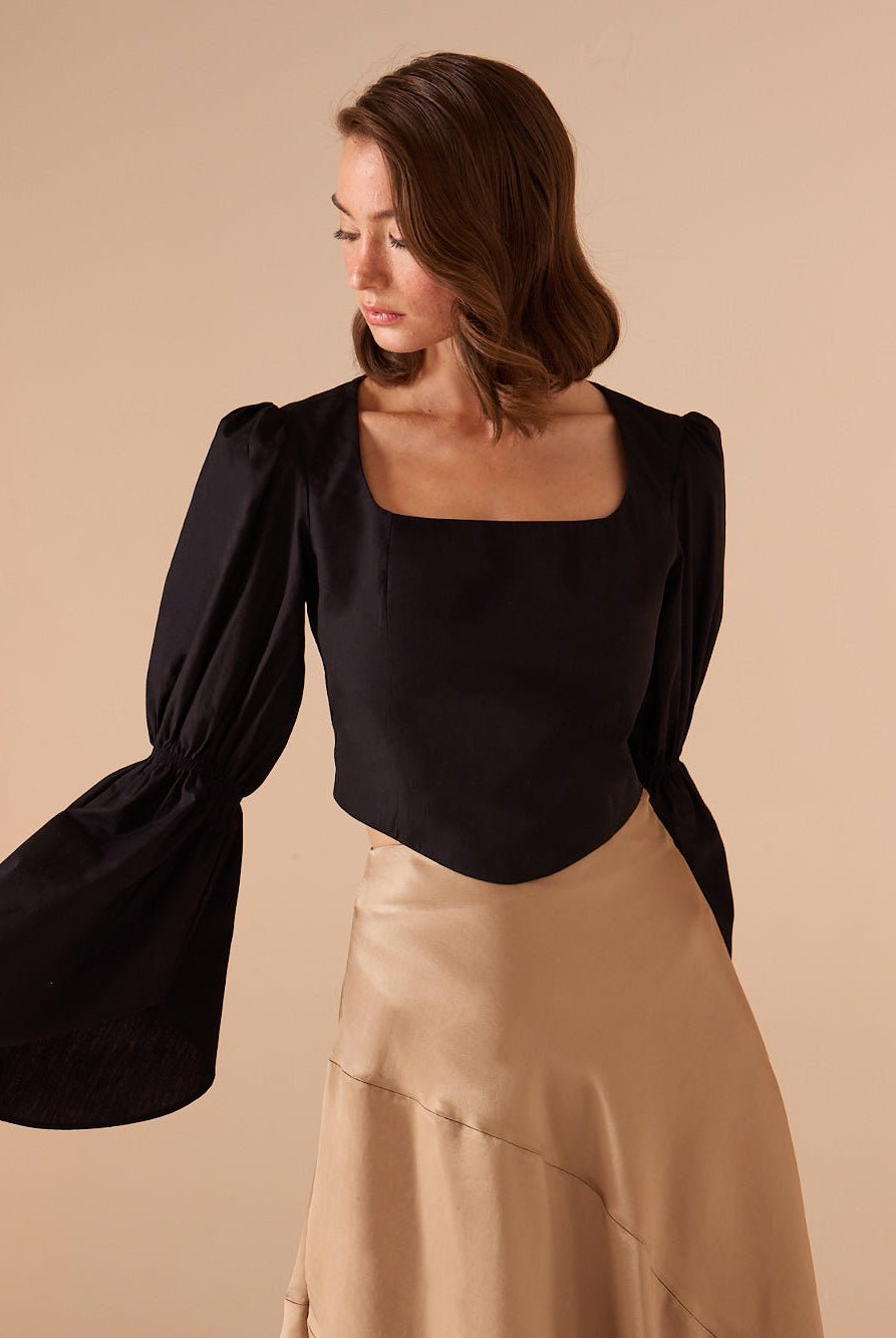 Square Neckline Gathered Ruffle Sleeve Top - shopaleena