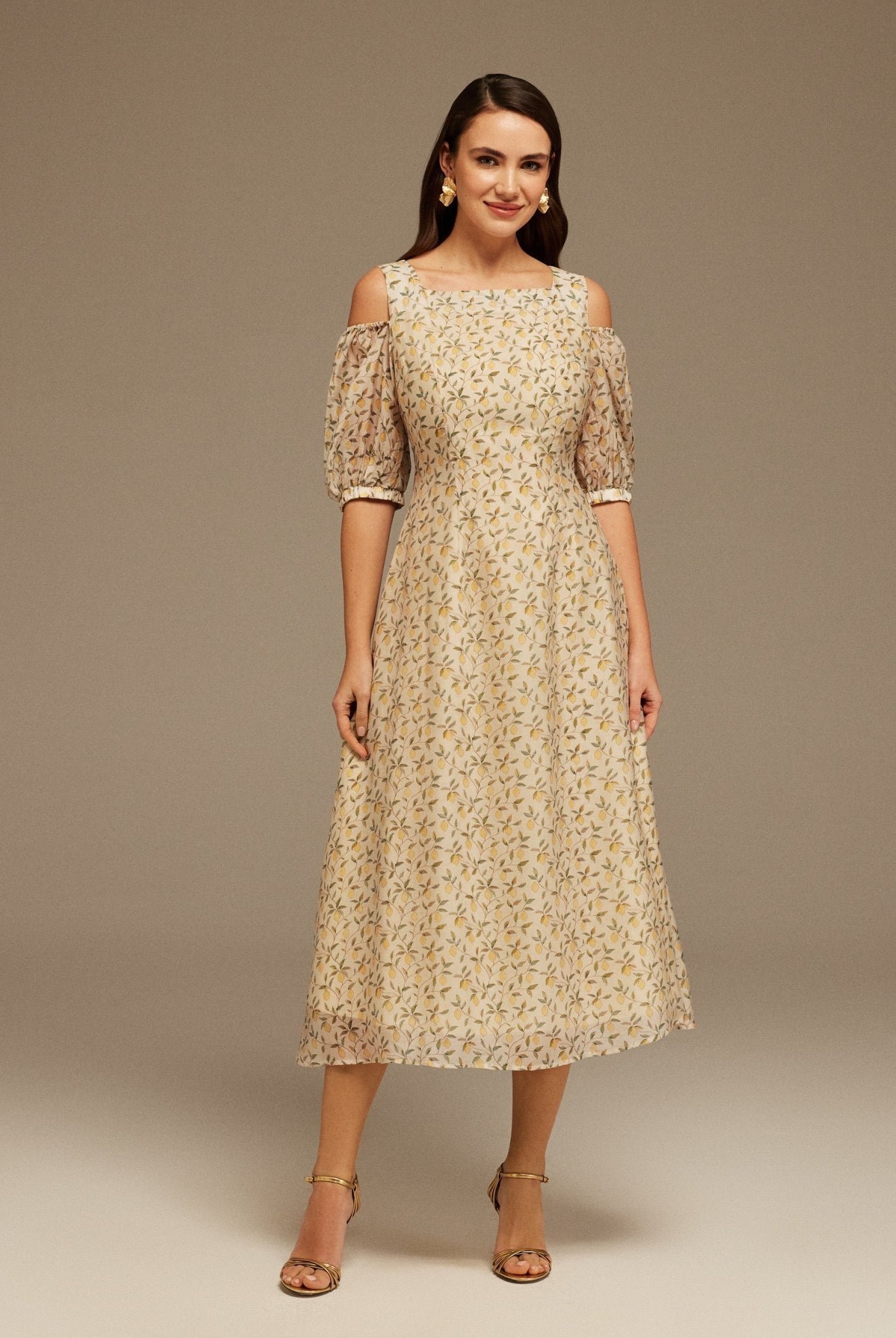 Square Neckline Puff Sleeve Printed Dress - shopaleena