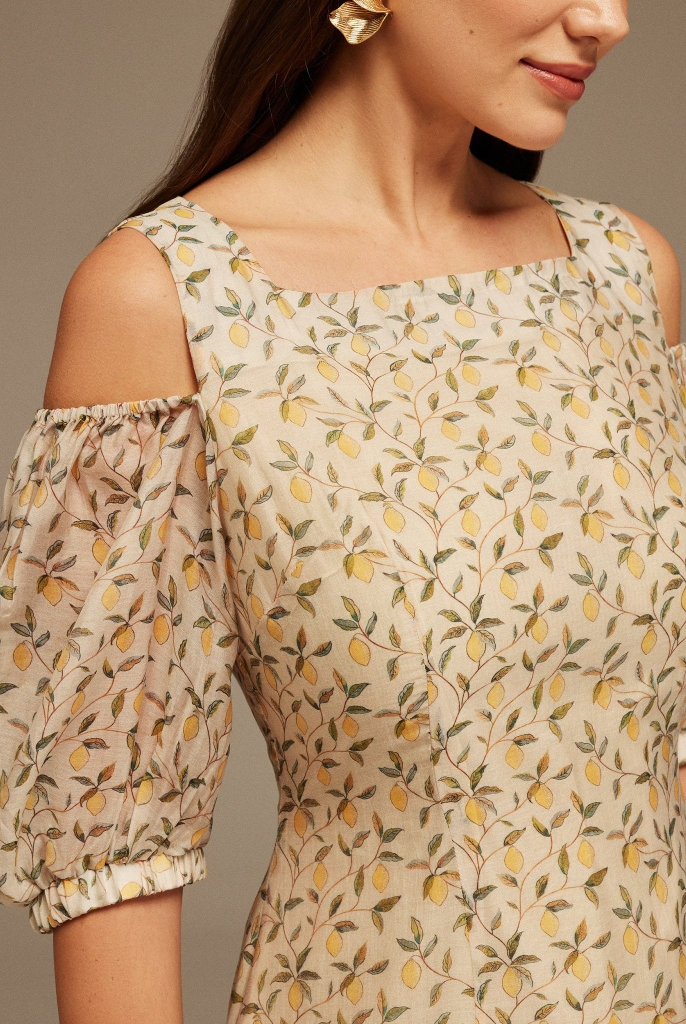 Square Neckline Puff Sleeve Printed Dress - shopaleena