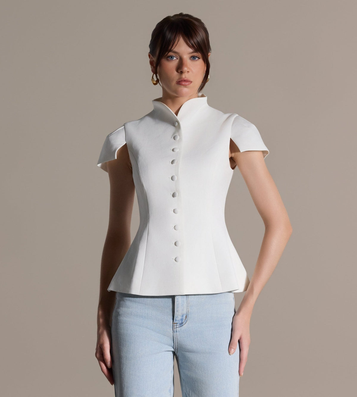 Stand Collar Peplum Blouse - shopaleena