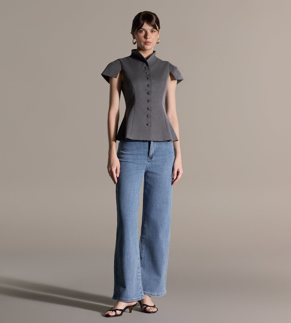 Stand Collar Peplum Blouse - shopaleena