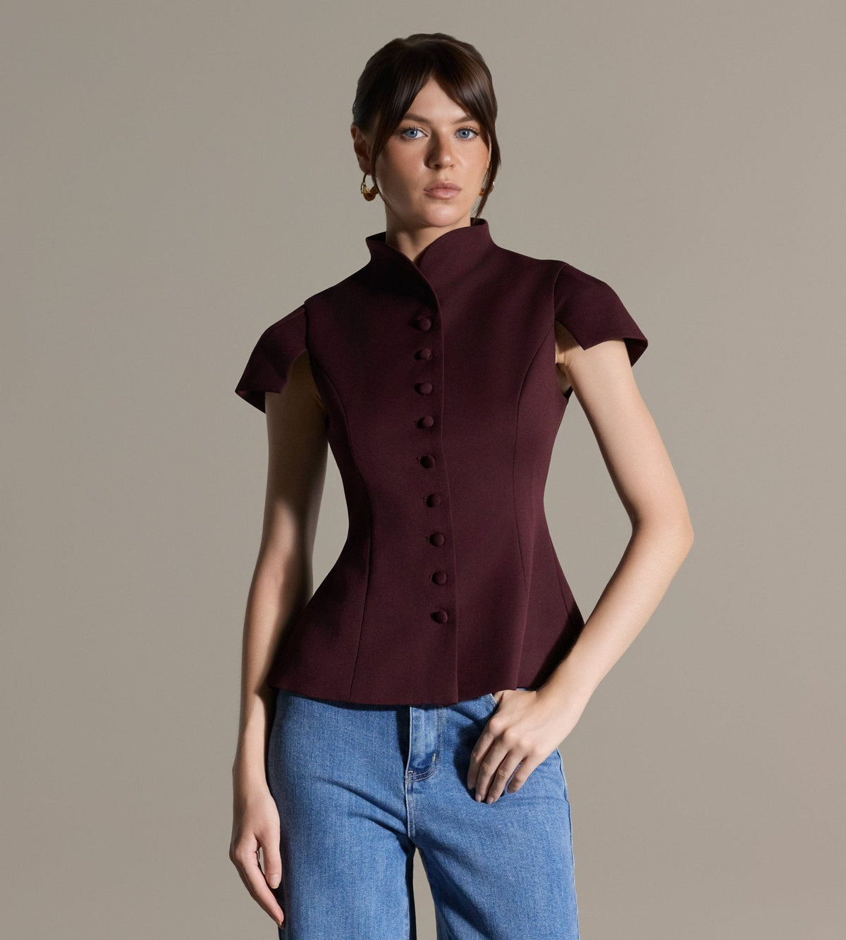 Stand Collar Peplum Blouse - shopaleena