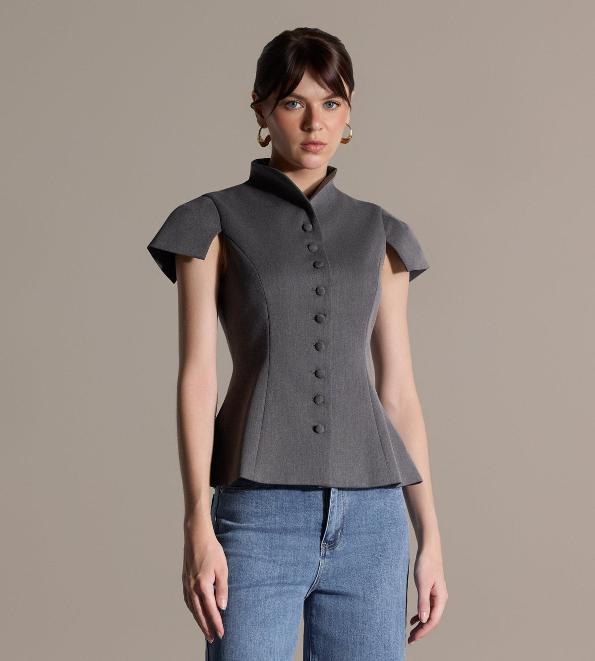 Stand Collar Peplum Blouse - shopaleena