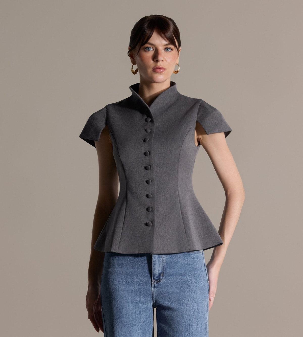 Stand Collar Peplum Blouse - shopaleena
