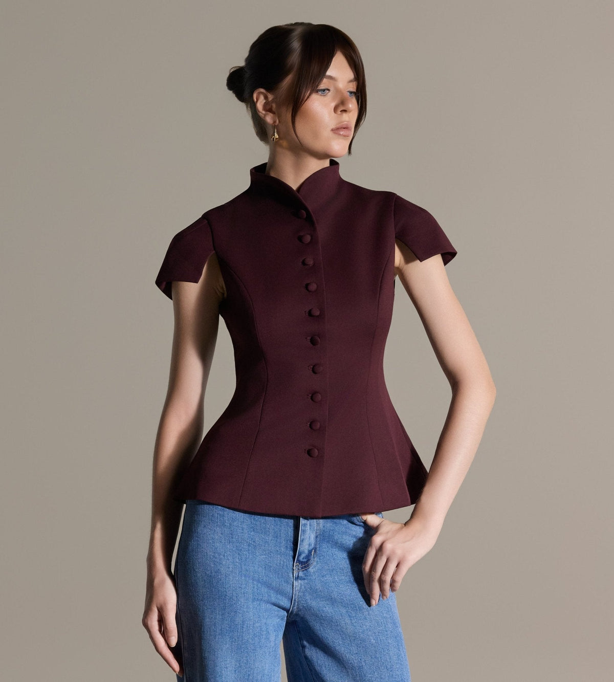 Stand Collar Peplum Blouse - shopaleena