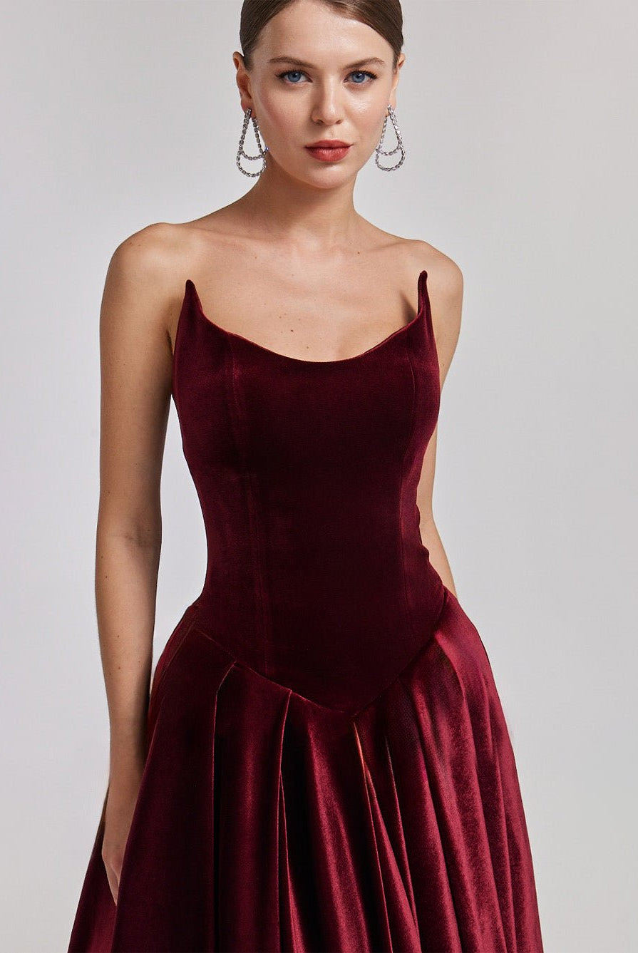 Strapless Burgundy Velvet Corset Gown - shopaleena