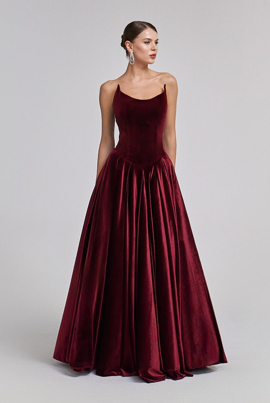 Strapless Burgundy Velvet Corset Gown - shopaleena