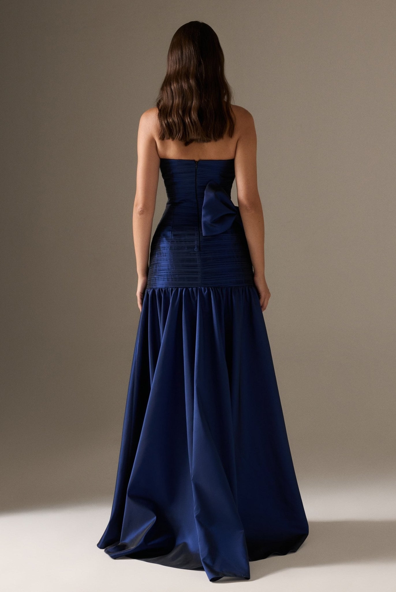 Strapless Ruched Taffeta Maxi Dress - shopaleena