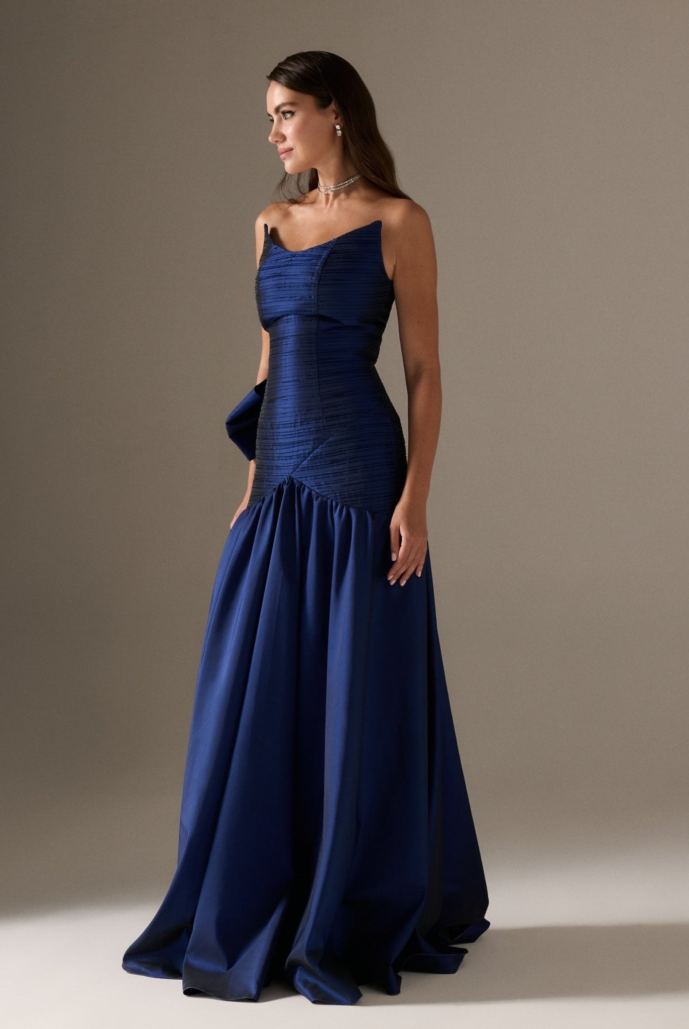 Strapless Ruched Taffeta Maxi Dress - shopaleena