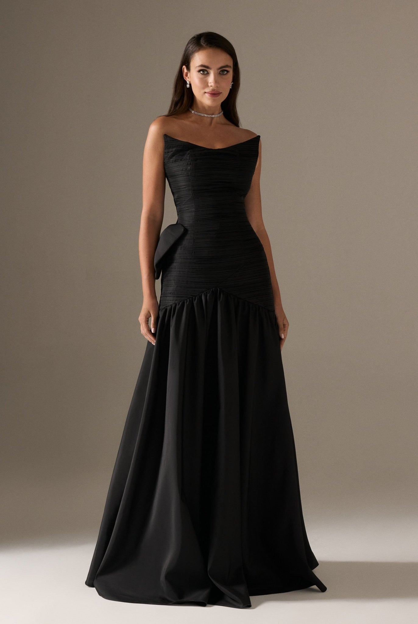 Strapless Ruched Taffeta Maxi Dress - shopaleena