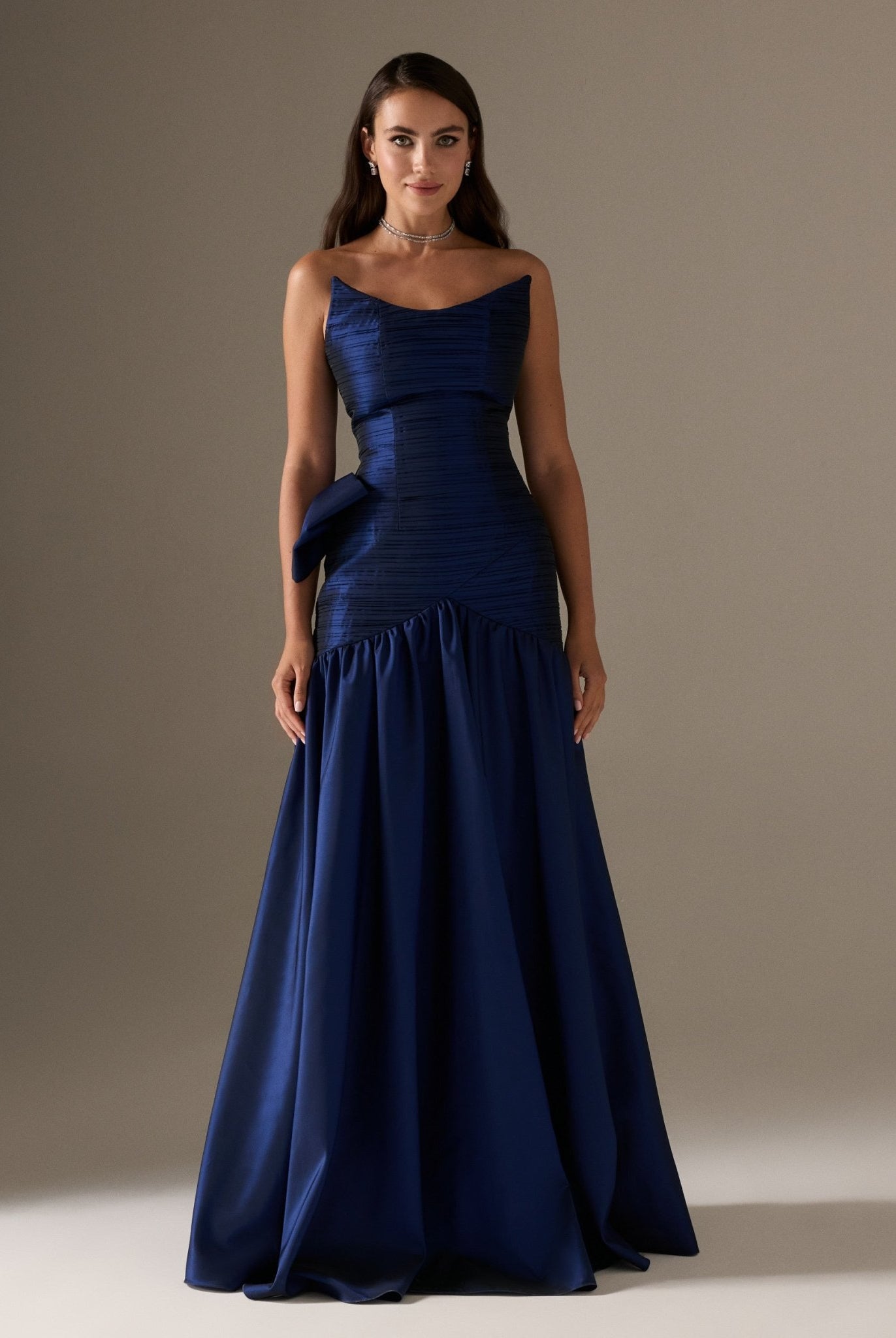 Strapless Ruched Taffeta Maxi Dress - shopaleena