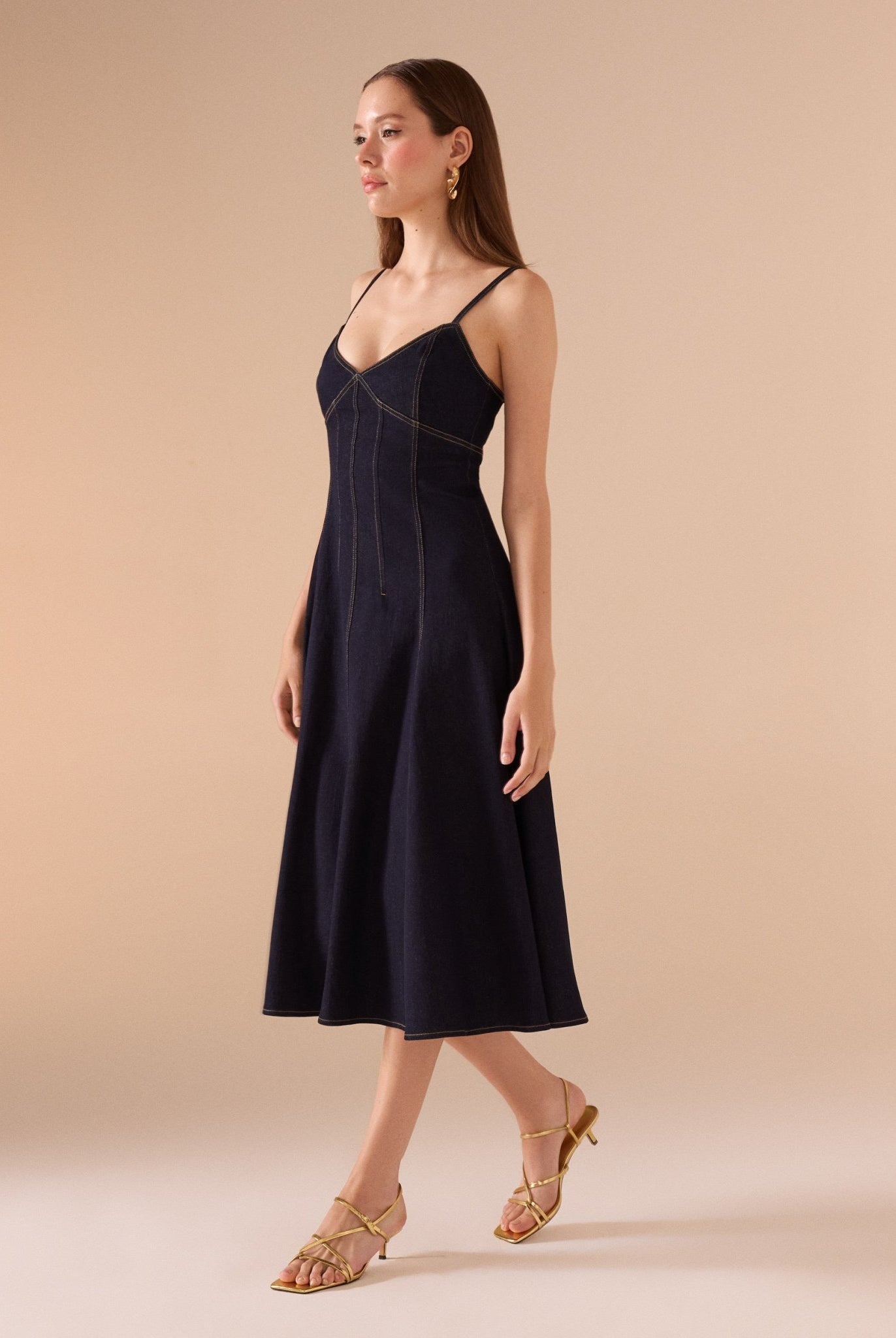 Strapped A - line Denim Midi Dress - shopaleena