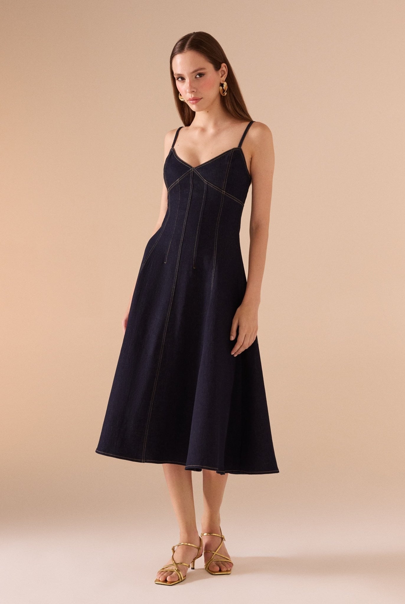 Strapped A - line Denim Midi Dress - shopaleena