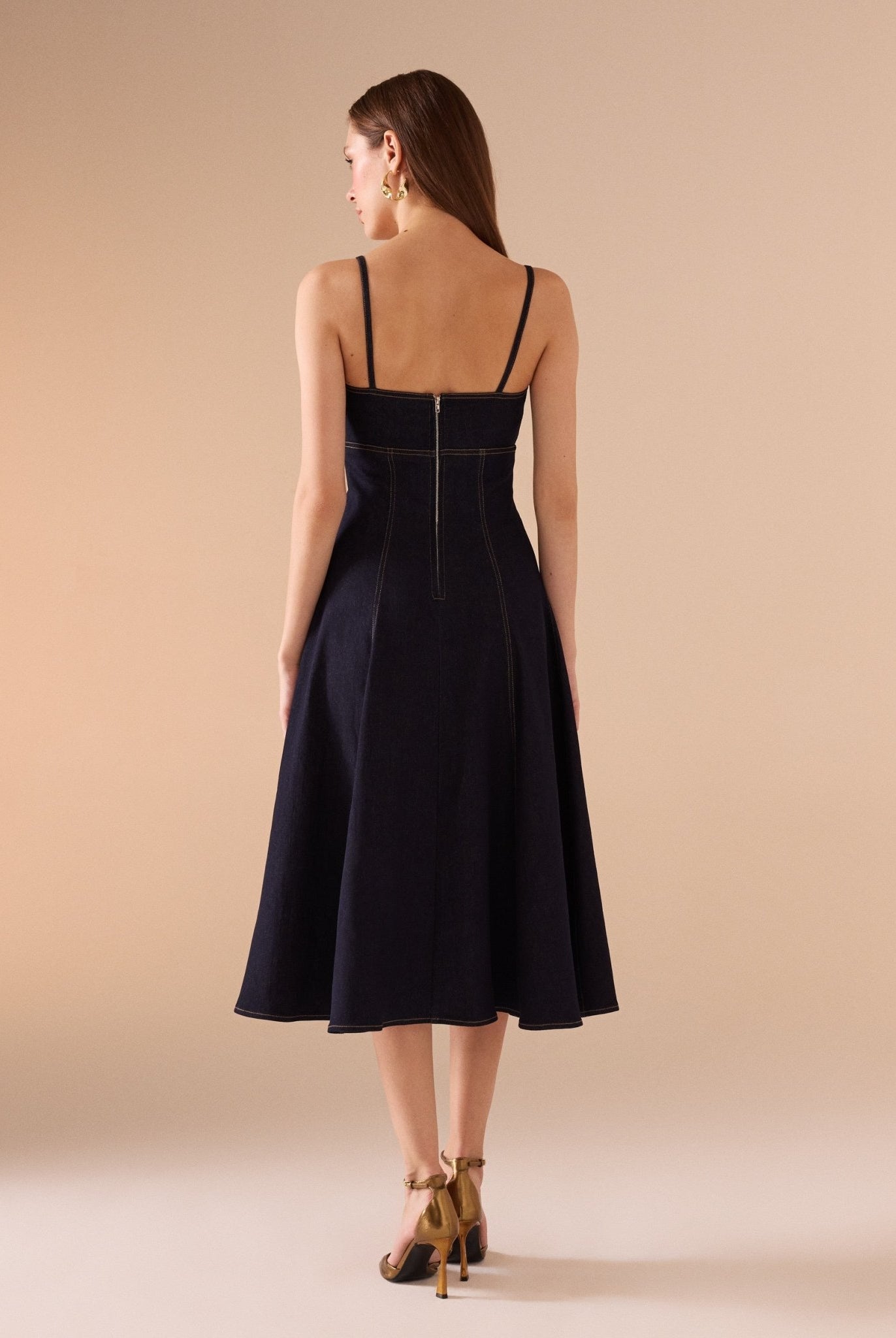 Strapped A - line Denim Midi Dress - shopaleena