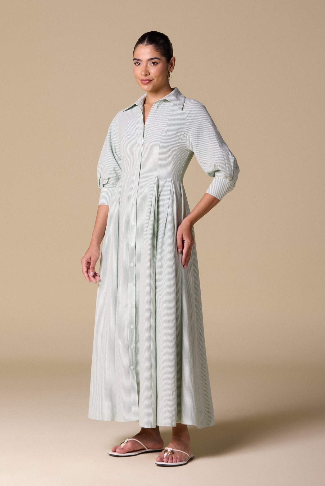 Striped Poplin Pleated Waist Maxi Shirt Dress - shopaleena