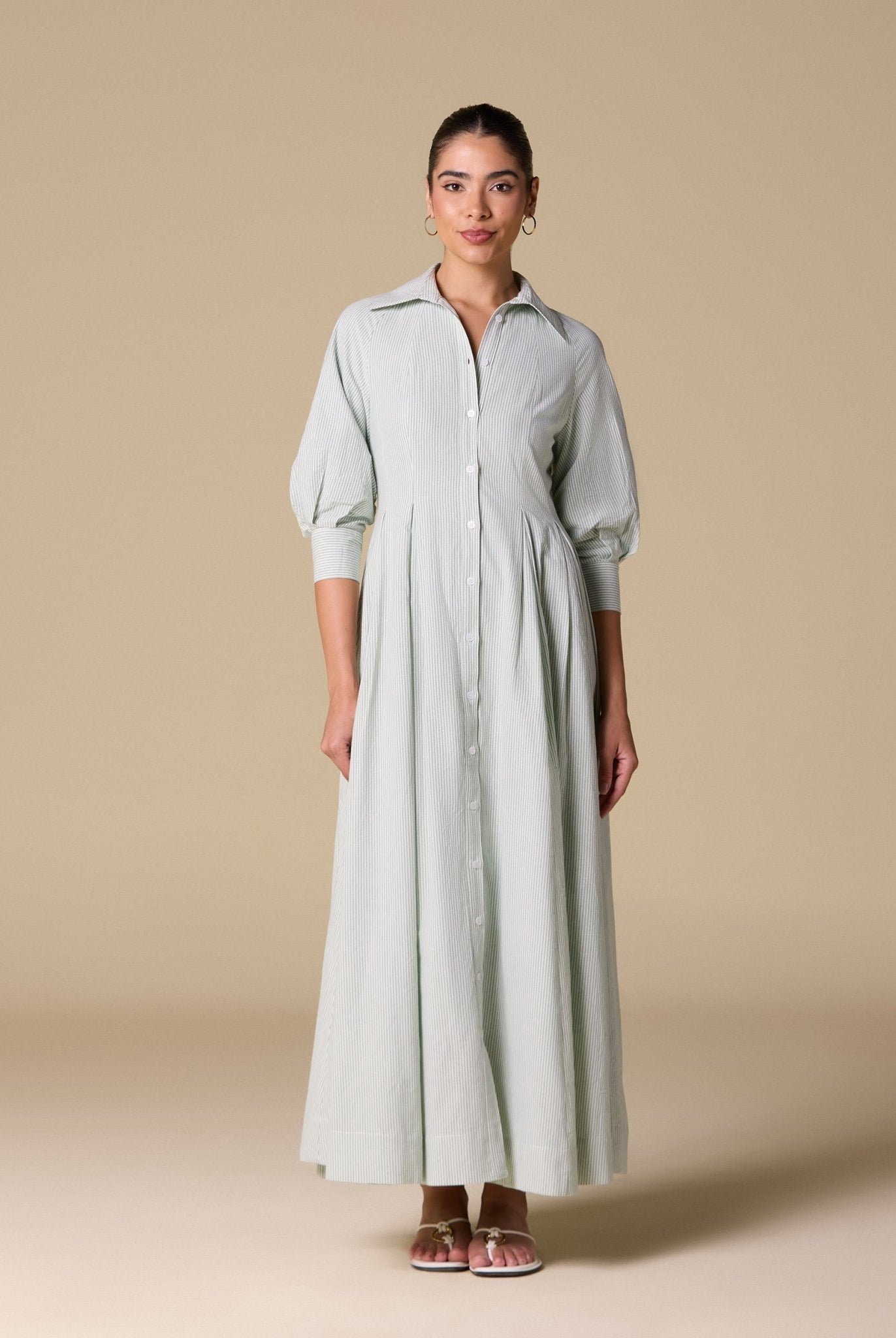 Striped Poplin Pleated Waist Maxi Shirt Dress - shopaleena