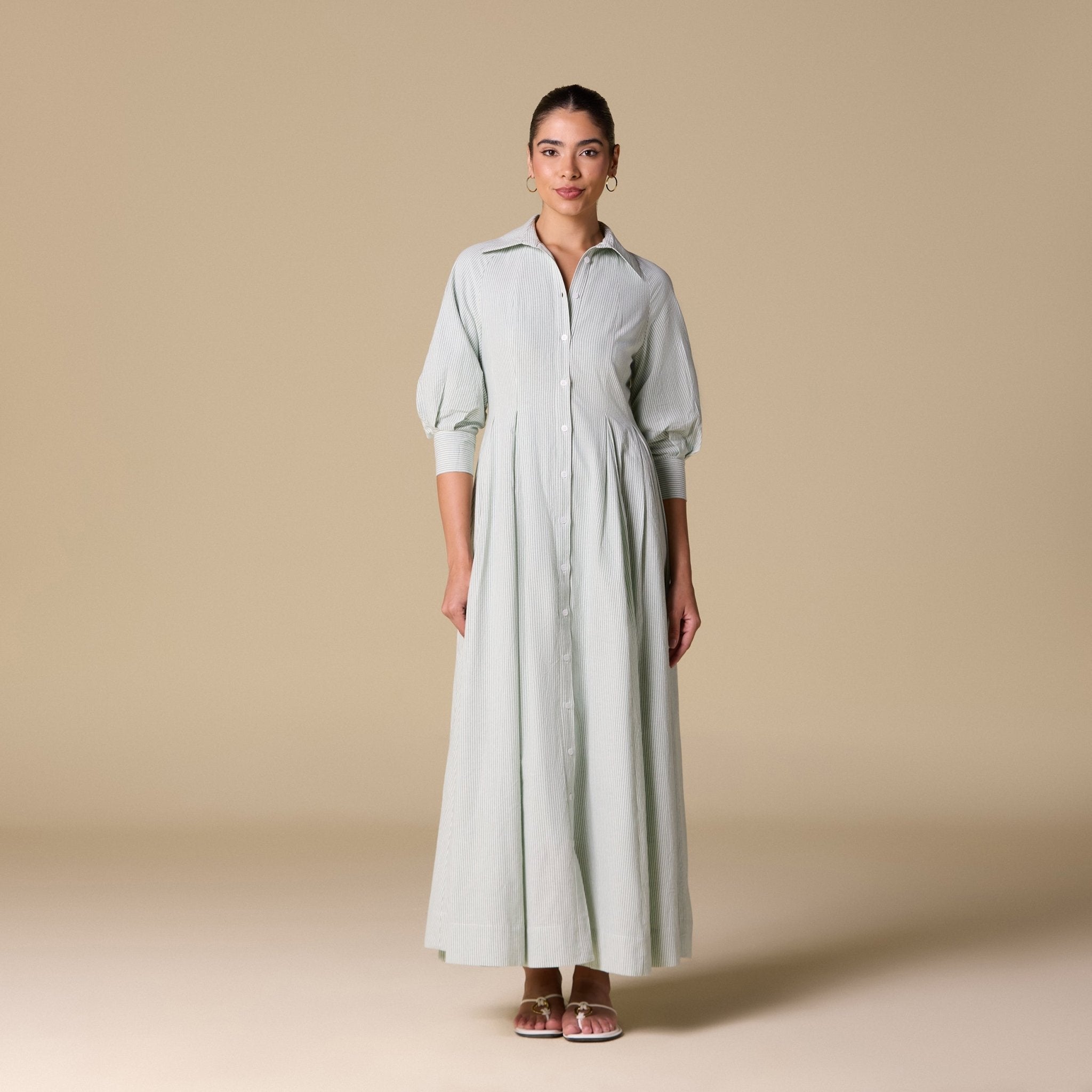 Striped Poplin Pleated Waist Maxi Shirt Dress - shopaleena