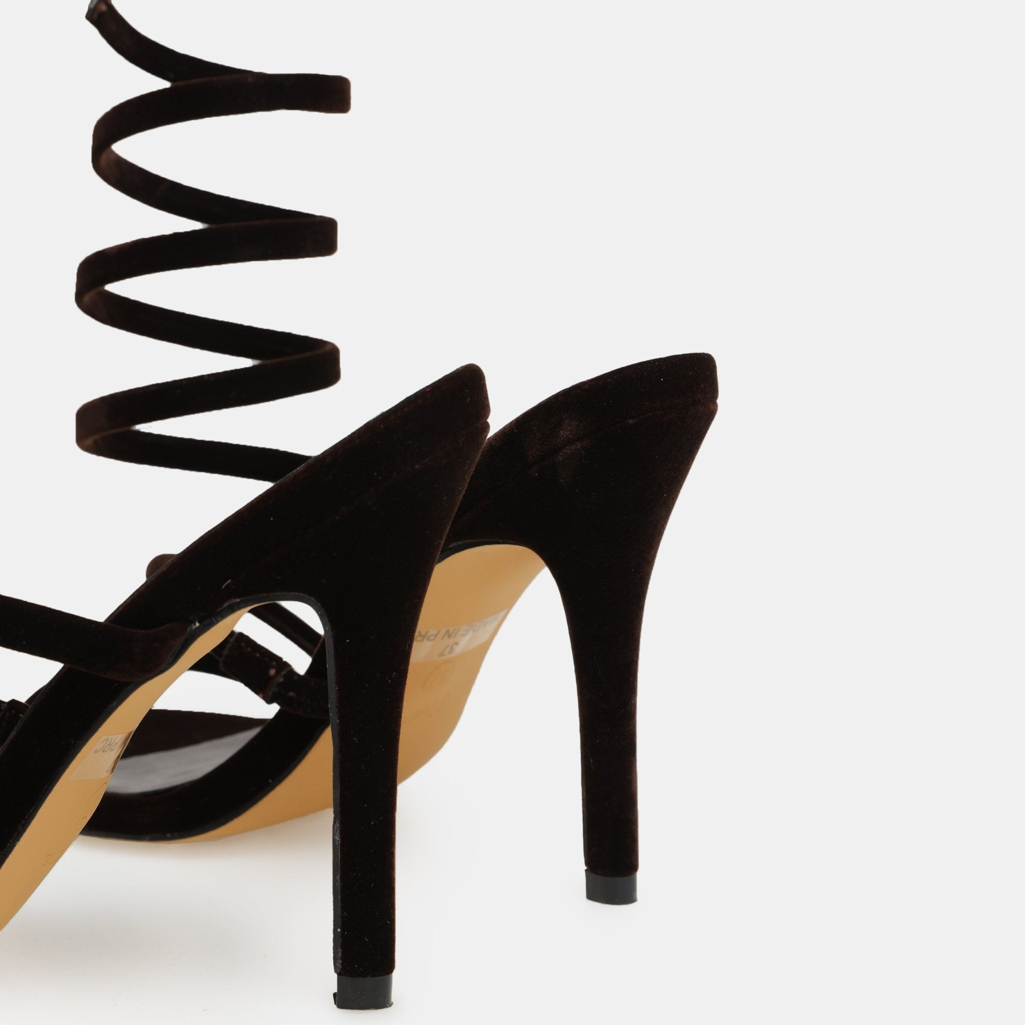 Tan Velvet Spiral Strap High Heel Sandals - shopaleena