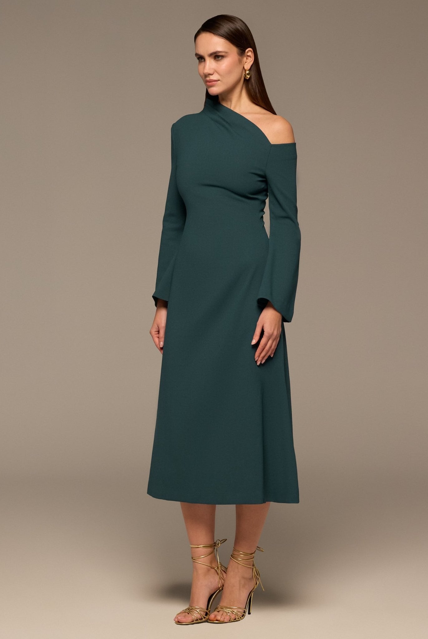 Teal Bare Shoulder Crepe Midi Dress - shopaleena