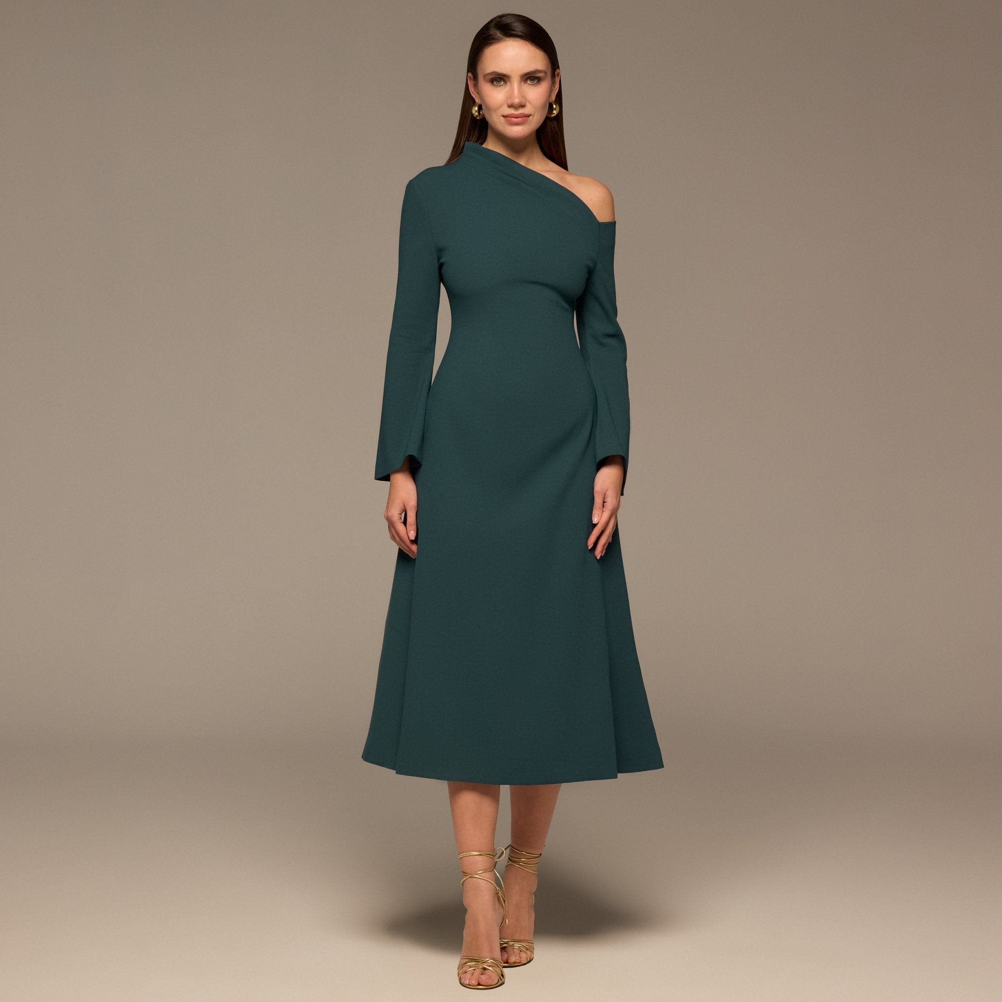 Teal Bare Shoulder Crepe Midi Dress - shopaleena